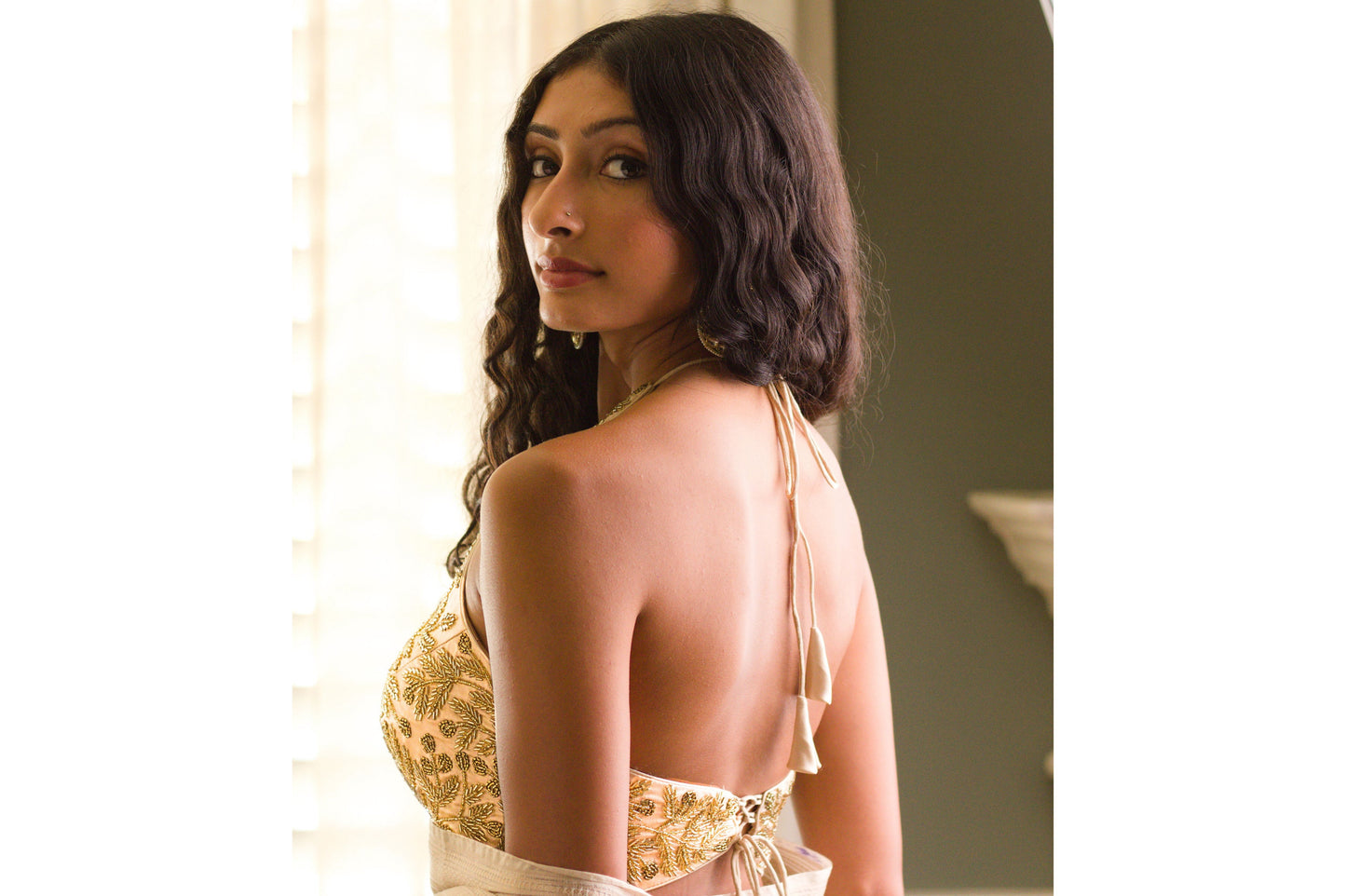 Ivory Beaded Hand Embroidered Halter Blouse / Size 32