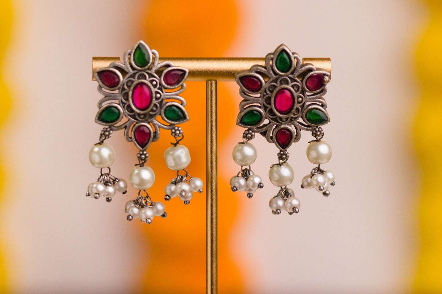 Handcrafted Oxidized Silver Necklace Set With Paachi Kundan Detailing