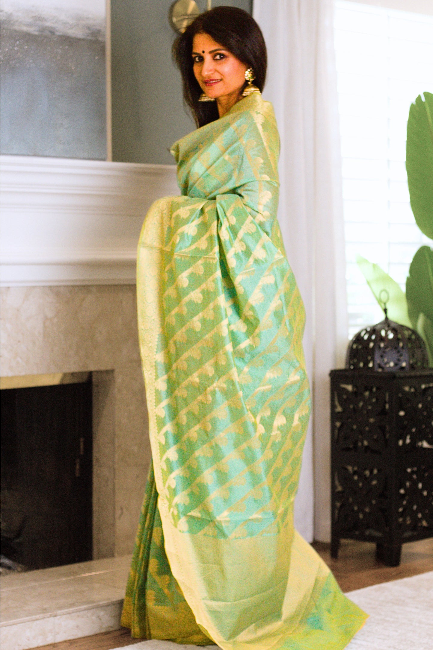 Luminous Green Banarasi Handloom Tissue Saree with Gold Zari Stripes