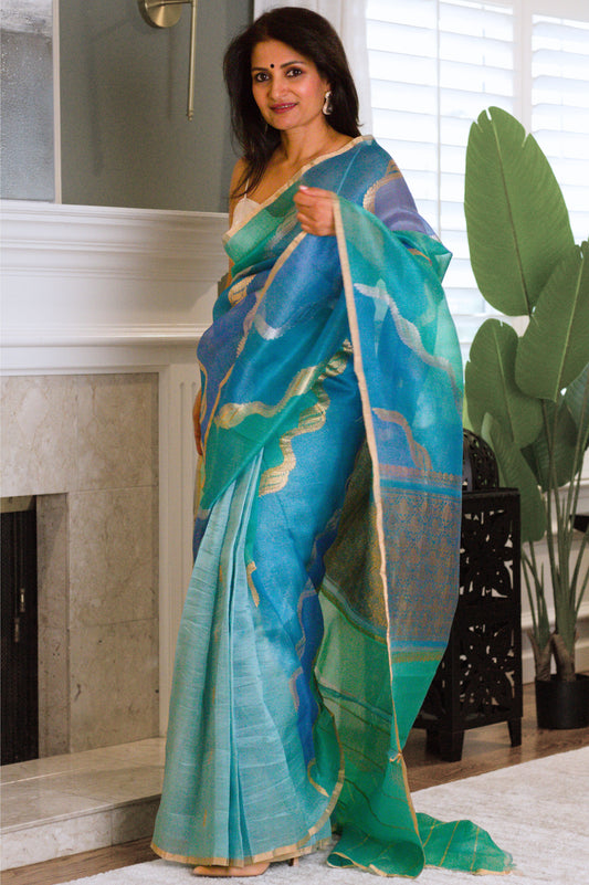Pure Banarasi Kora Silk Rangkat Saree with Gold and Silver Zari.