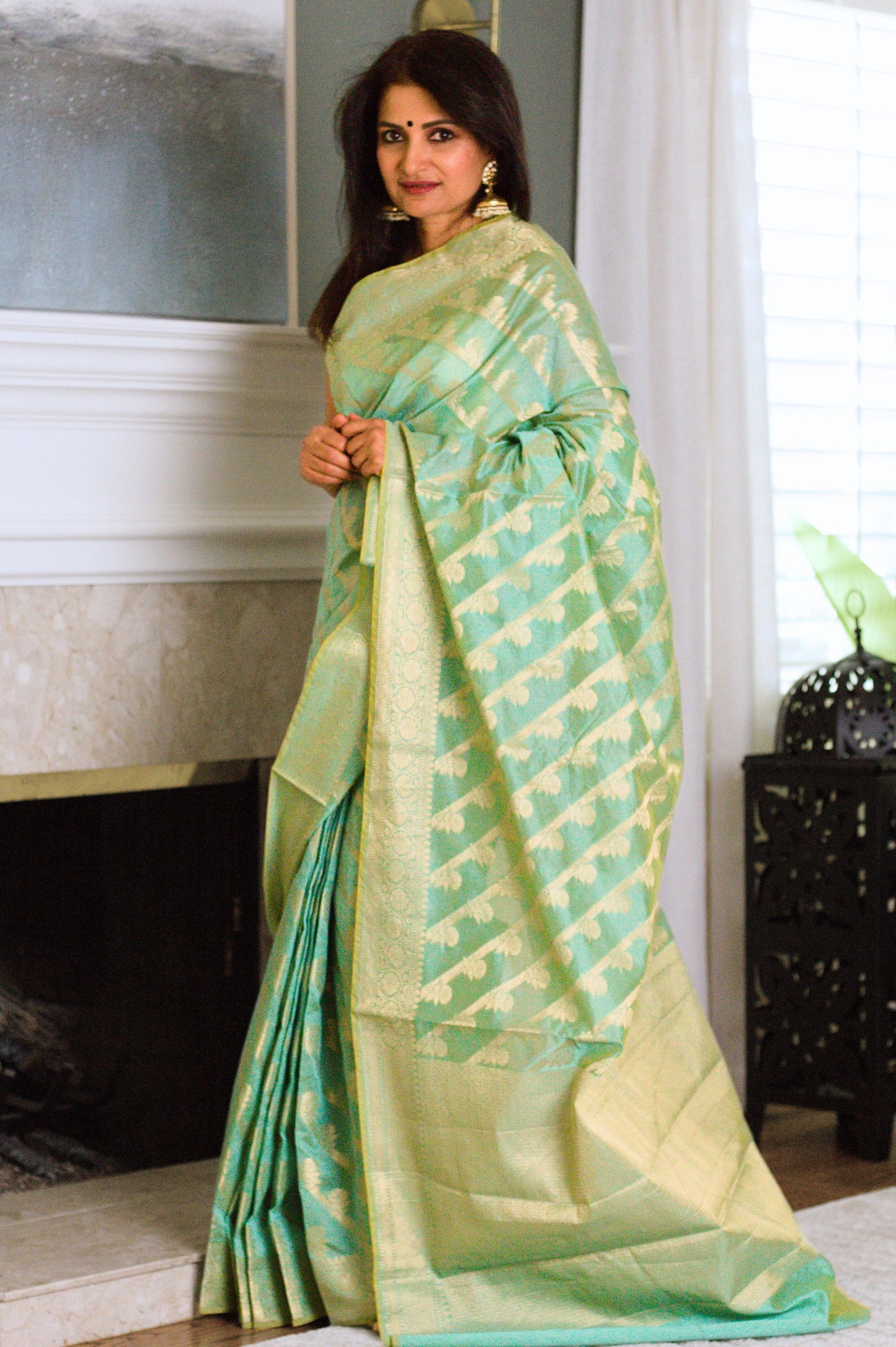 Luminous Green Banarasi Handloom Tissue Saree with Gold Zari Stripes