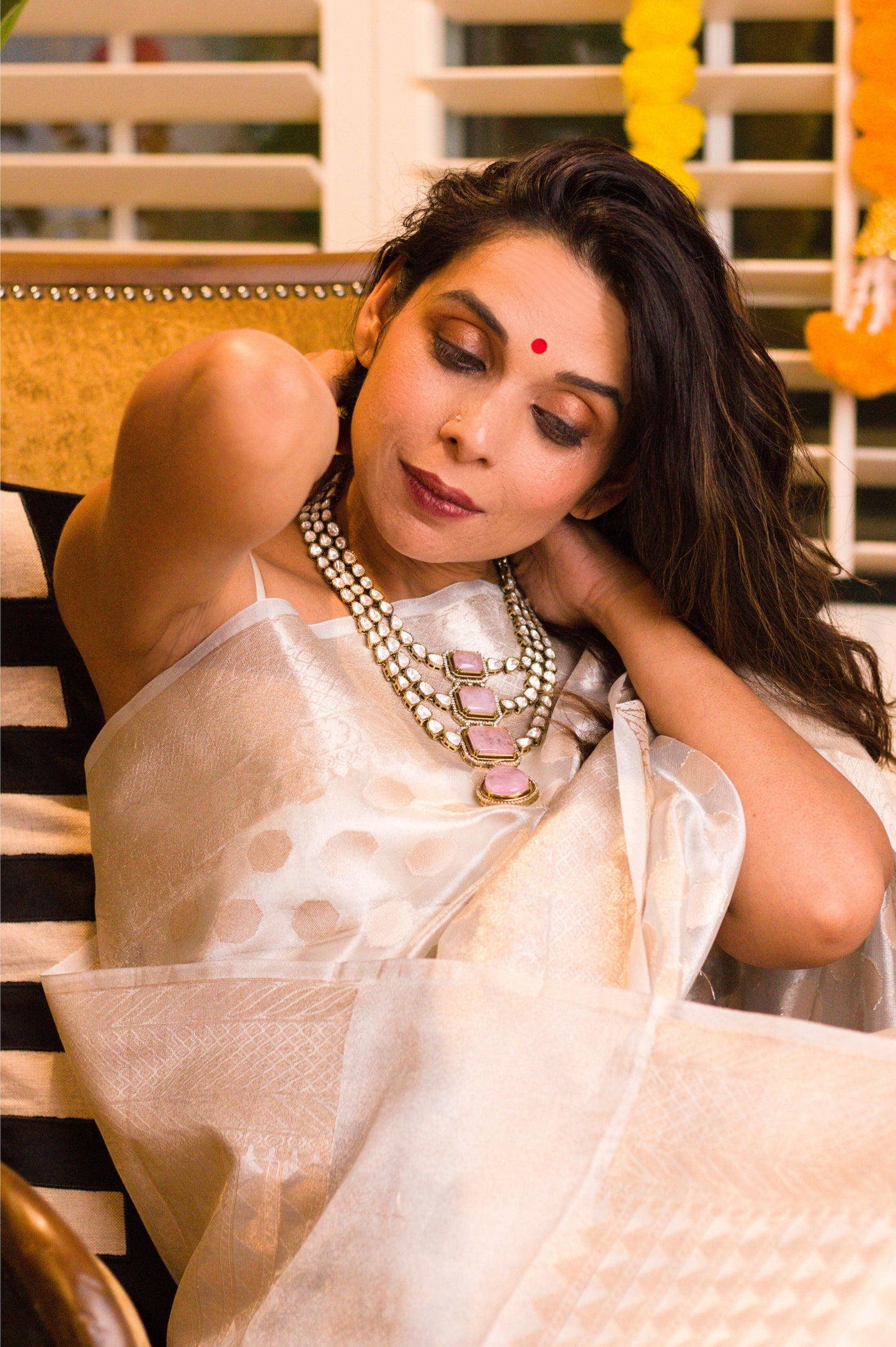 Light Pink Doublet Stone Moissanite Kundan Necklace Set