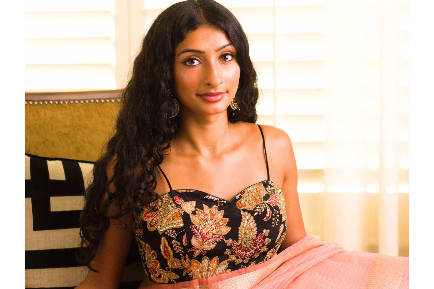 Floral Print and Embroidered Spaghetti Strap Blouse / Size 36