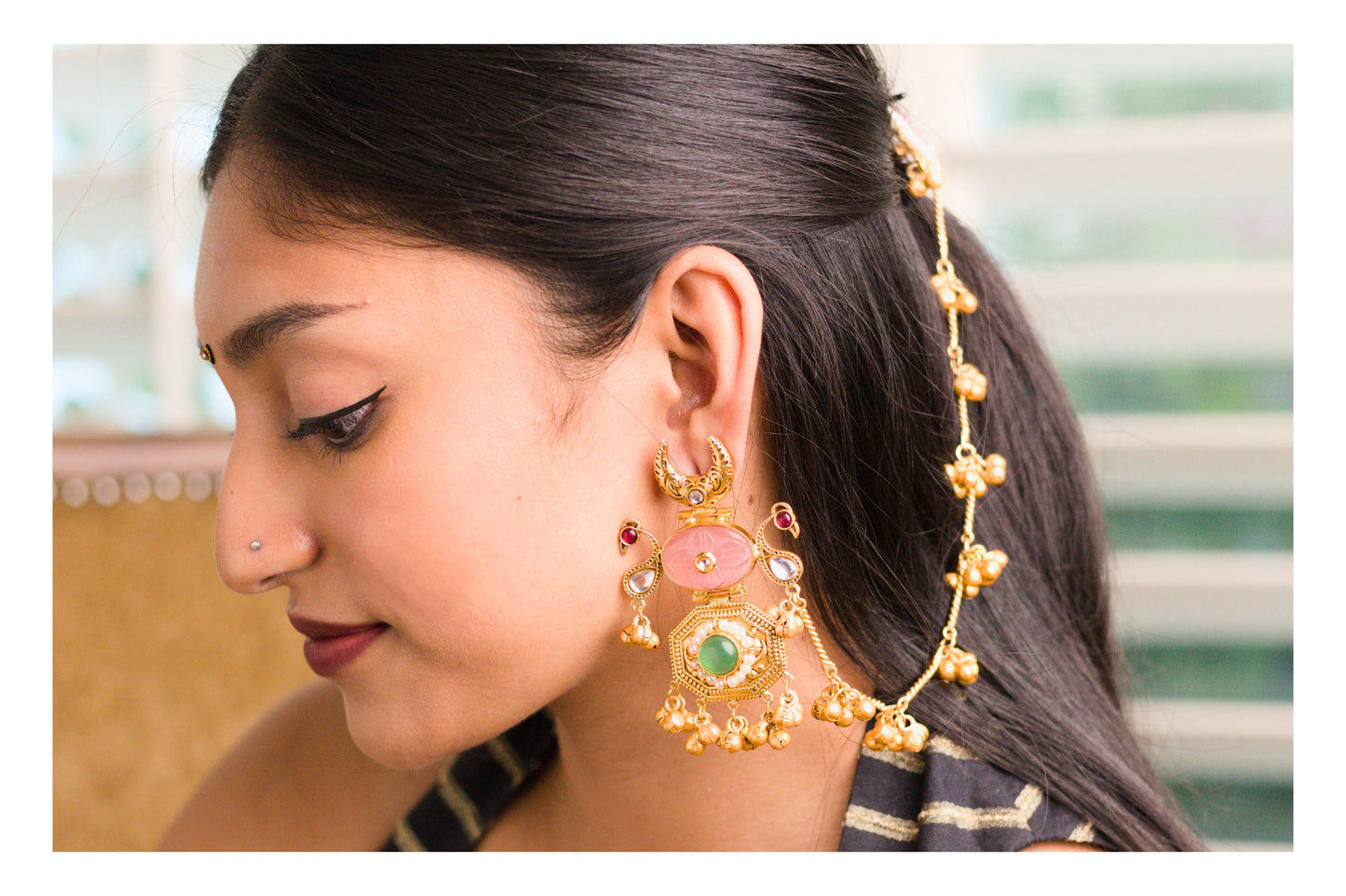 Pink and Aqua Shy Bird Statement Earrings with Kaan Chain