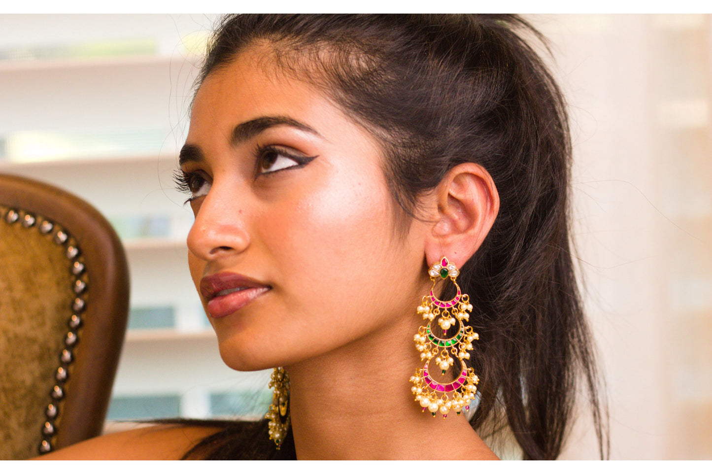 Teen Chand Jadau and Pearl Earrings