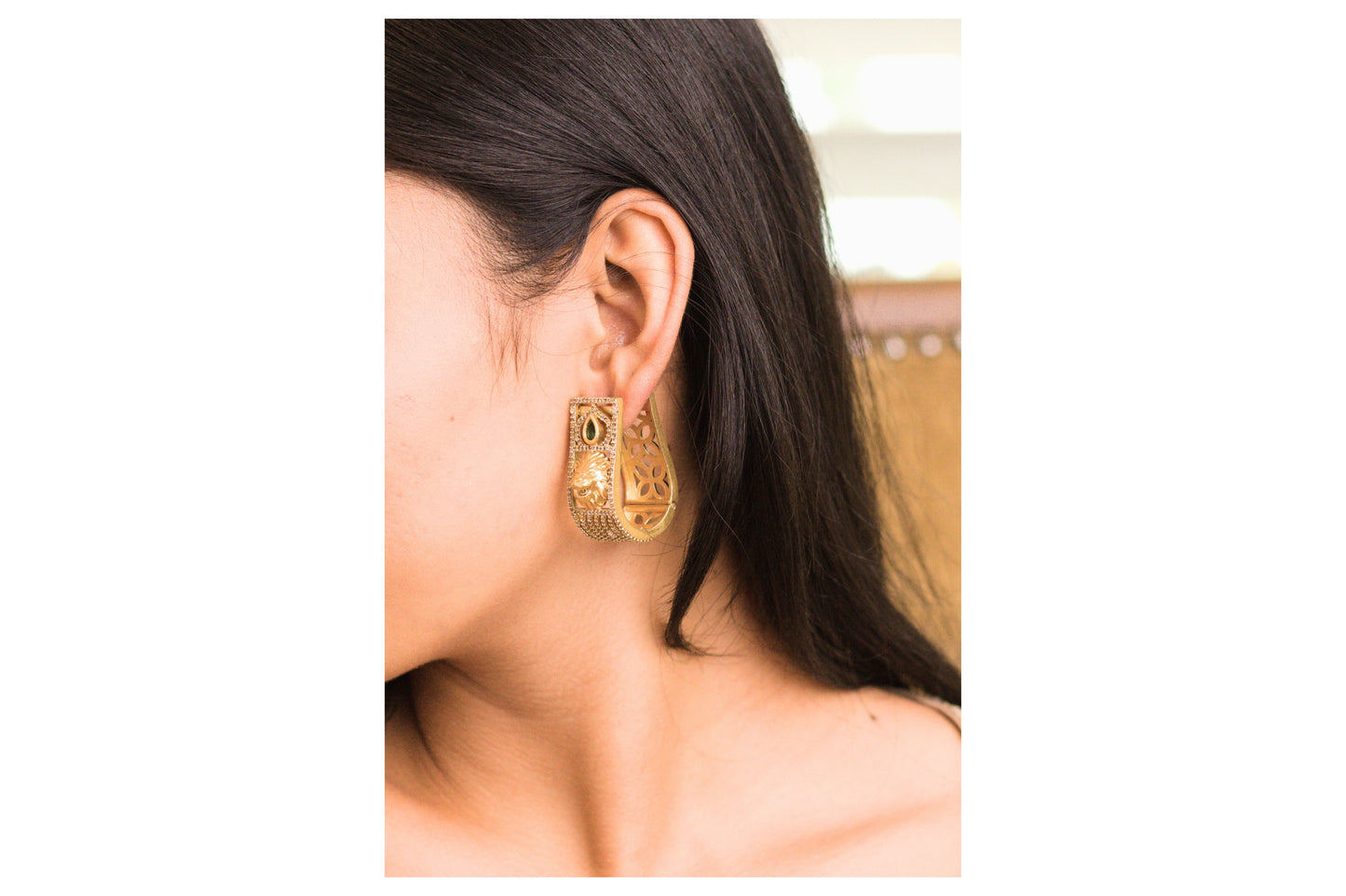 Stone Studded Lion Motif Hoops