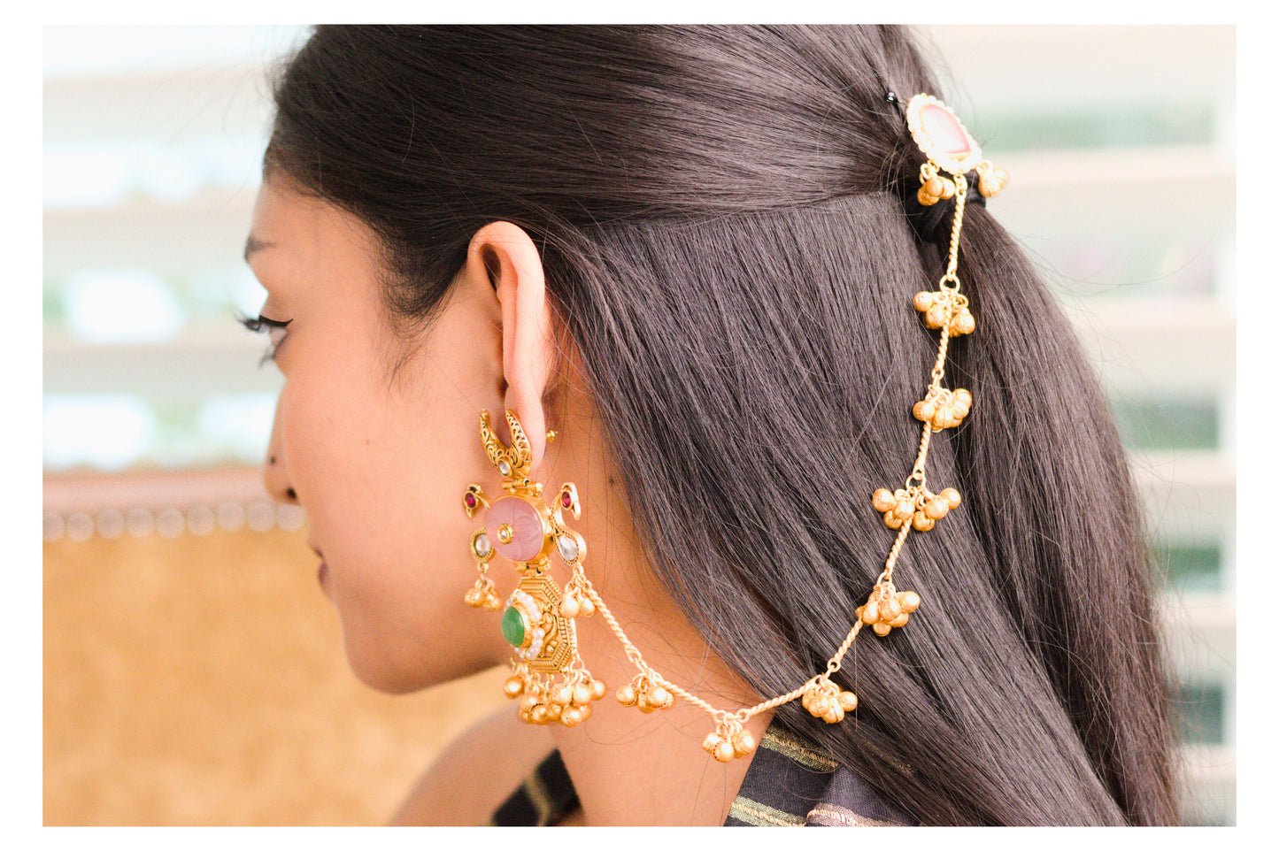 Pink and Aqua Shy Bird Statement Earrings with Kaan Chain