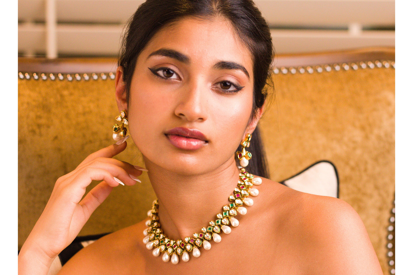 24K Gold Plated Polki and Tear Drop Pearl Choker Set