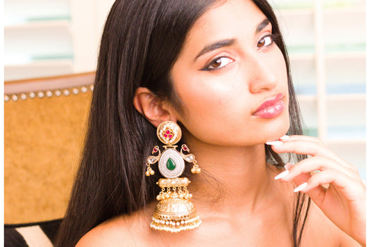 Shy Bird Green Drop Sona Chandi Thappa Jhumkas