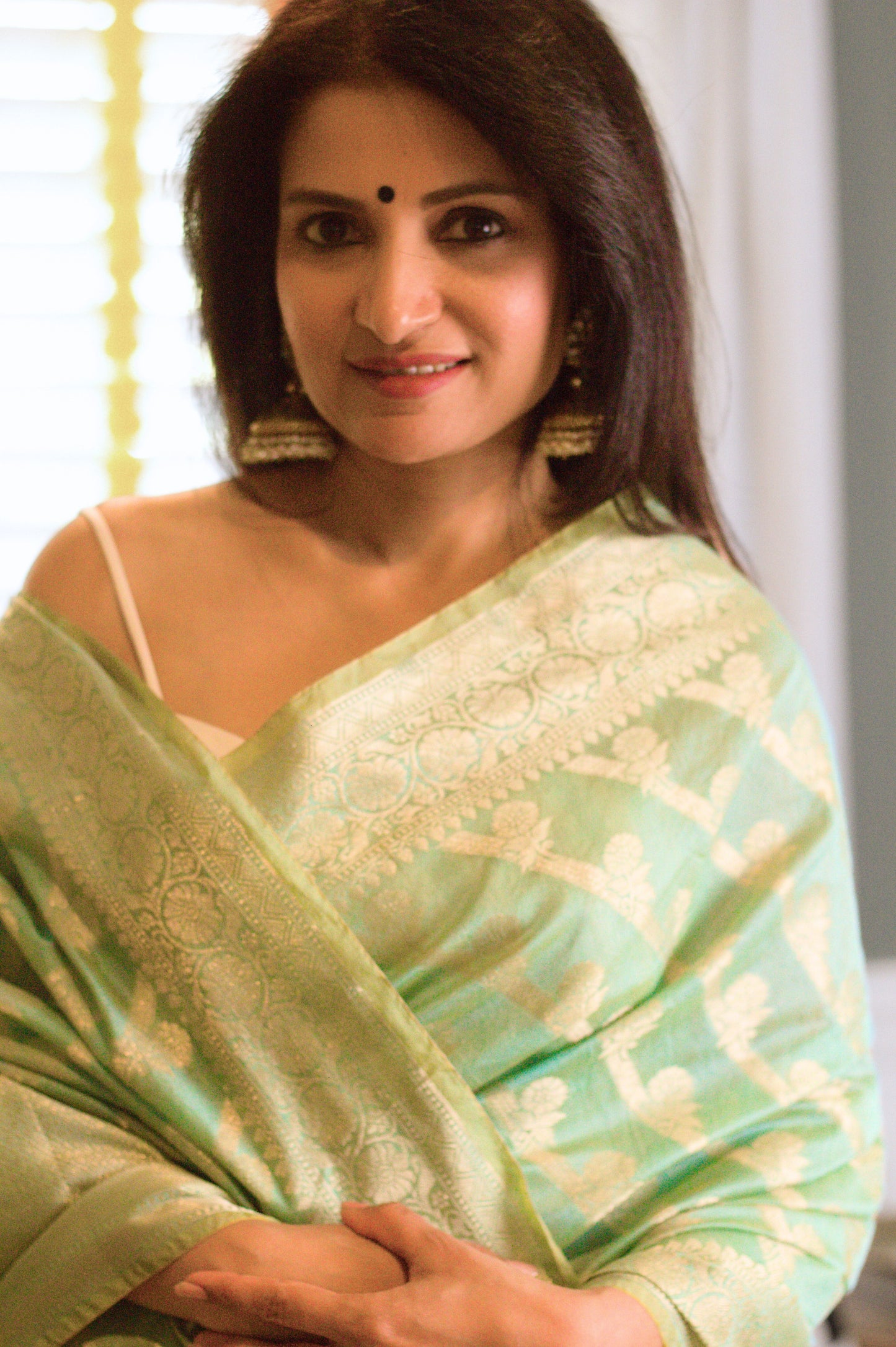 Luminous Green Banarasi Handloom Tissue Saree with Gold Zari Stripes