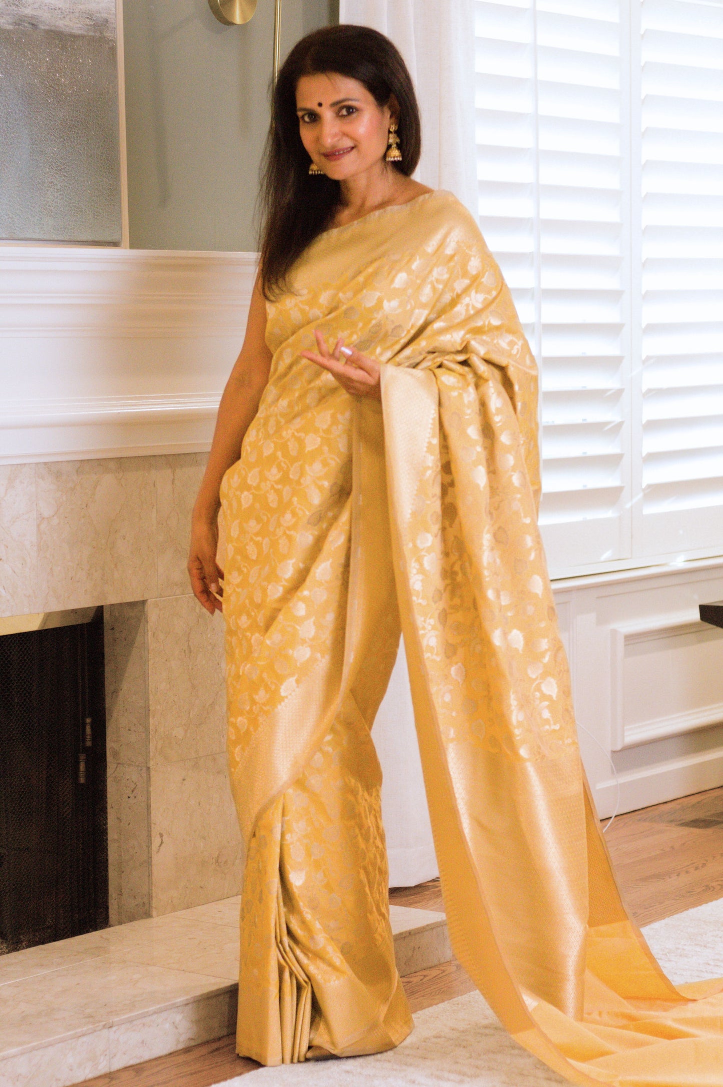 Buttery Lemon Pure Katan Silk Saree with Jangla Pattern And Kadhiyal border.