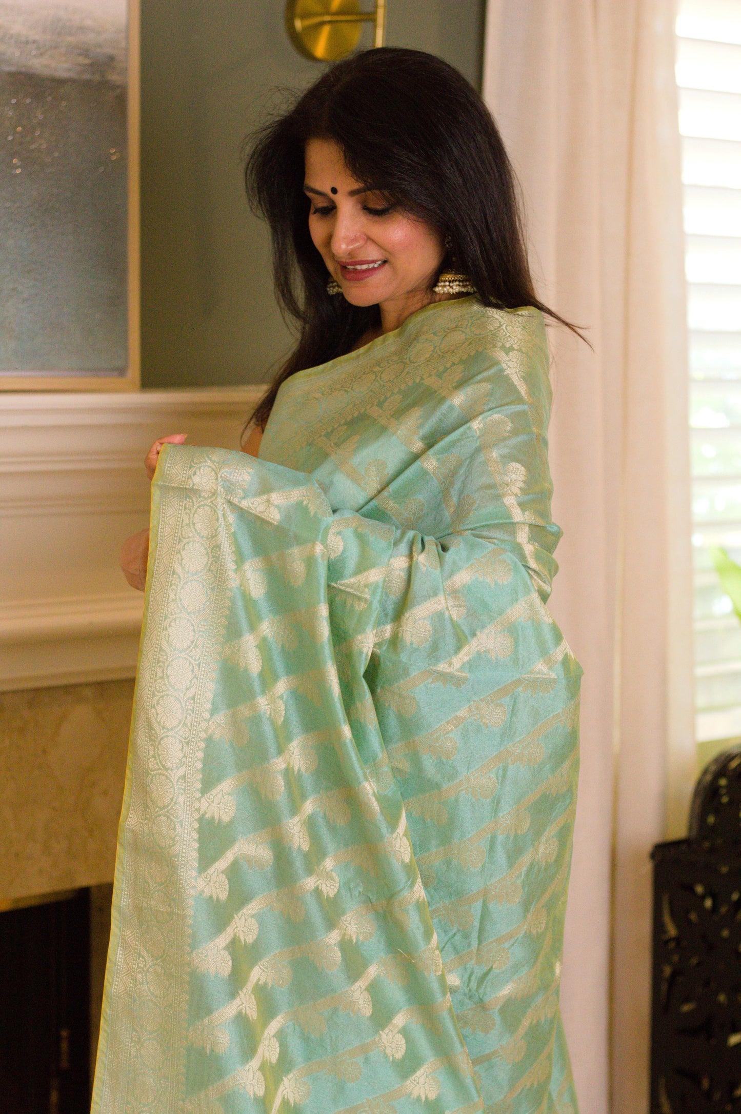 Luminous Green Banarasi Handloom Tissue Saree with Gold Zari Stripes