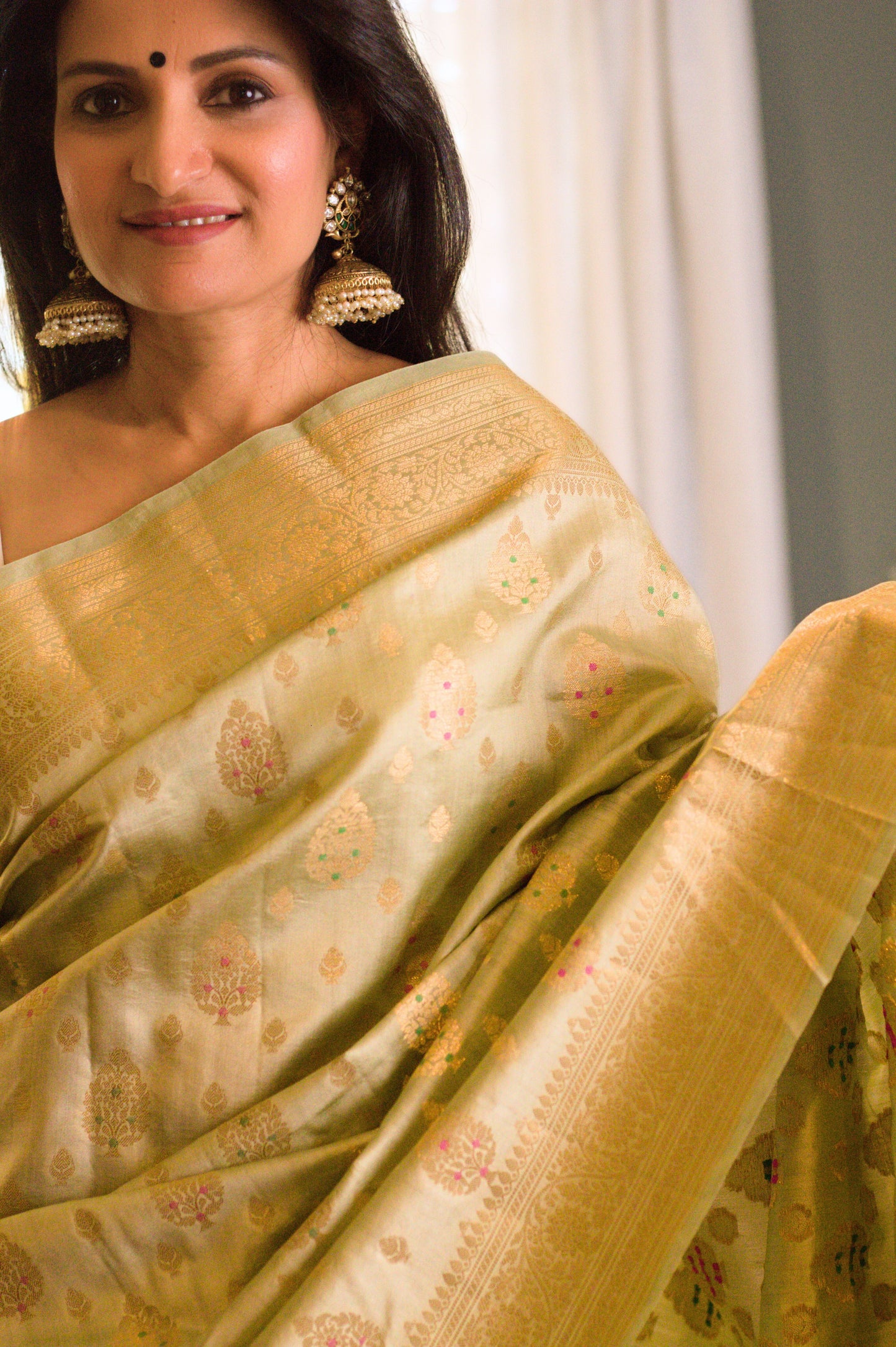 Pearlescent Sage Pure Chiniya Handloom Silk Saree with  Subtle Gold Butis