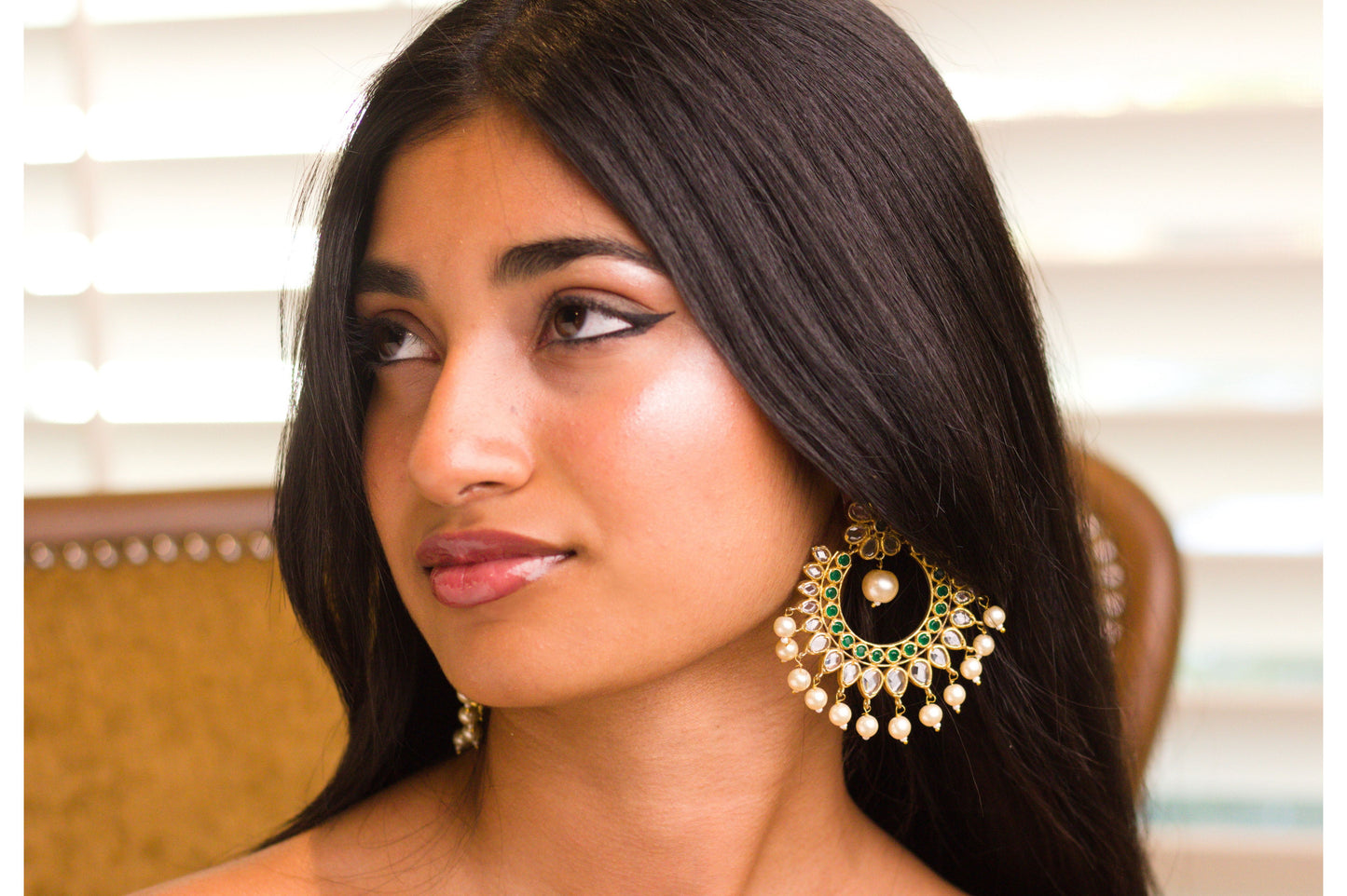 Green and Clear Stone Studded Chandbali Earrings with Pearl Drops.