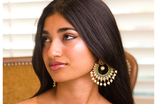 Green and Clear Stone Studded Chandbali Earrings with Pearl Drops.