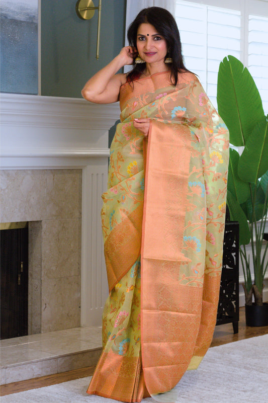 Green Banarasi Organza Meenakari Saree with Copper Zari Border and Pallu.
