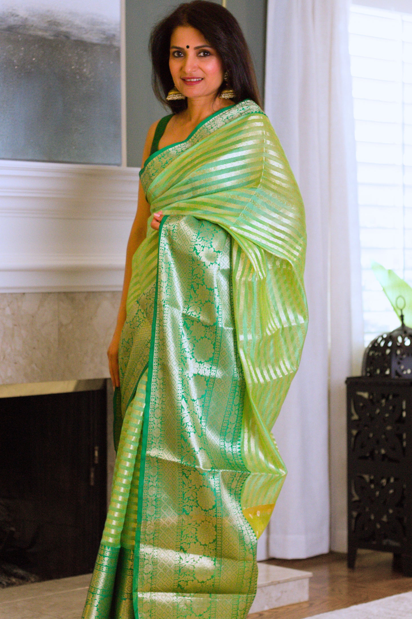 Dewy Green Banarasi Handloom Tissue Saree with Gold Stripes & Zari Border