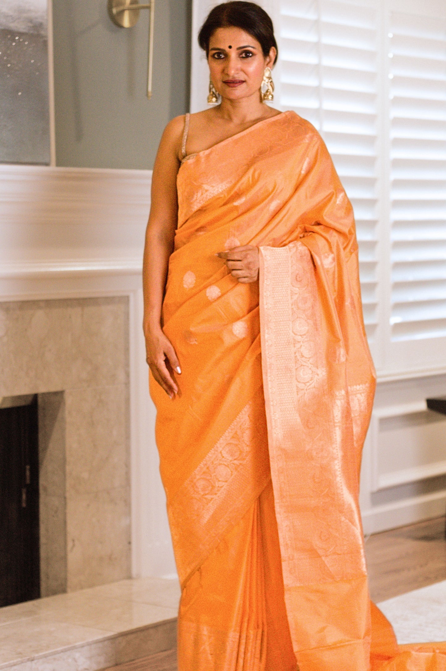 Pearlescent Peach Banarasi Silk Saree With Copper Jari