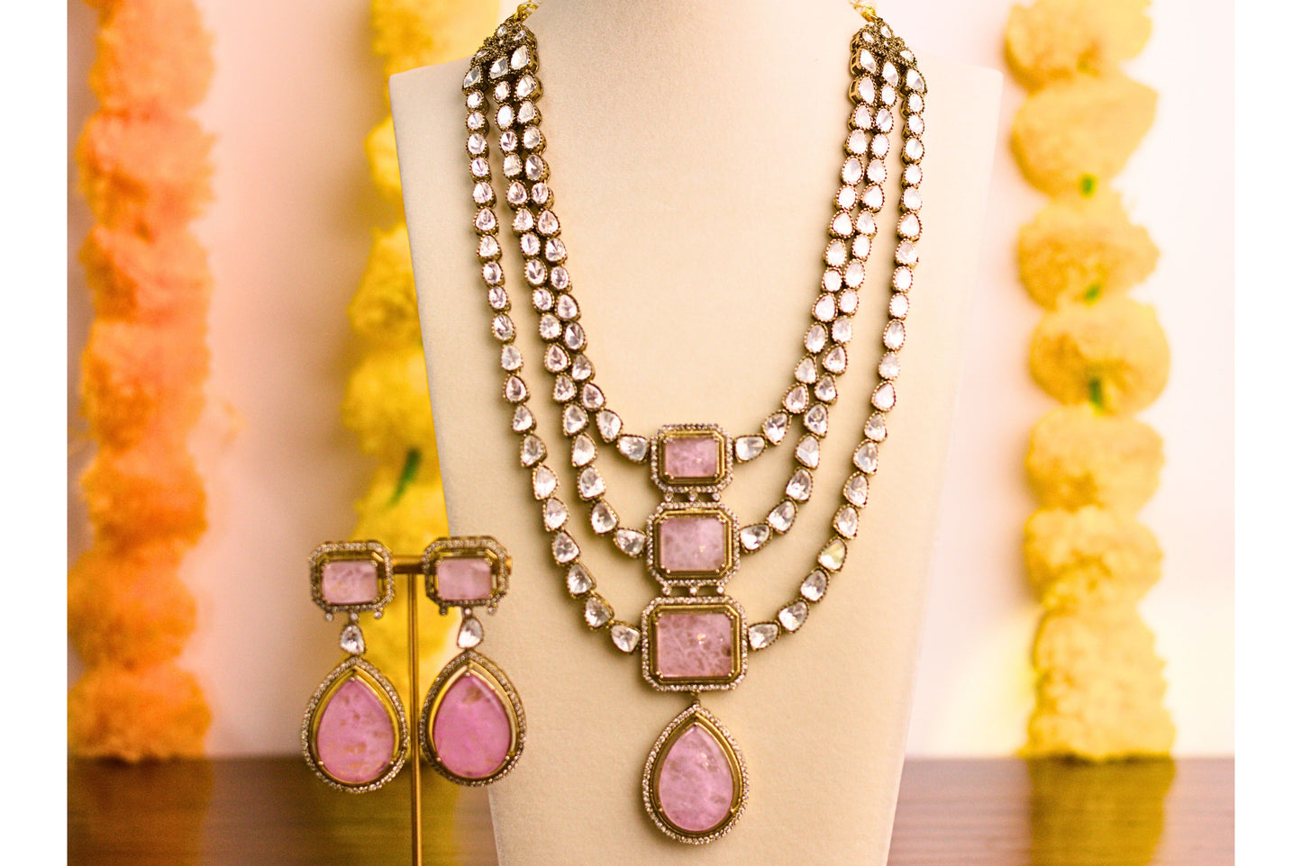 Light Pink Doublet Stone Moissanite Kundan Necklace Set