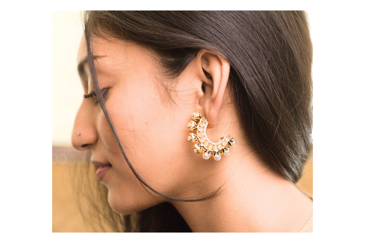 Teal Meena Pearl and Stone Half Hoop Earrings