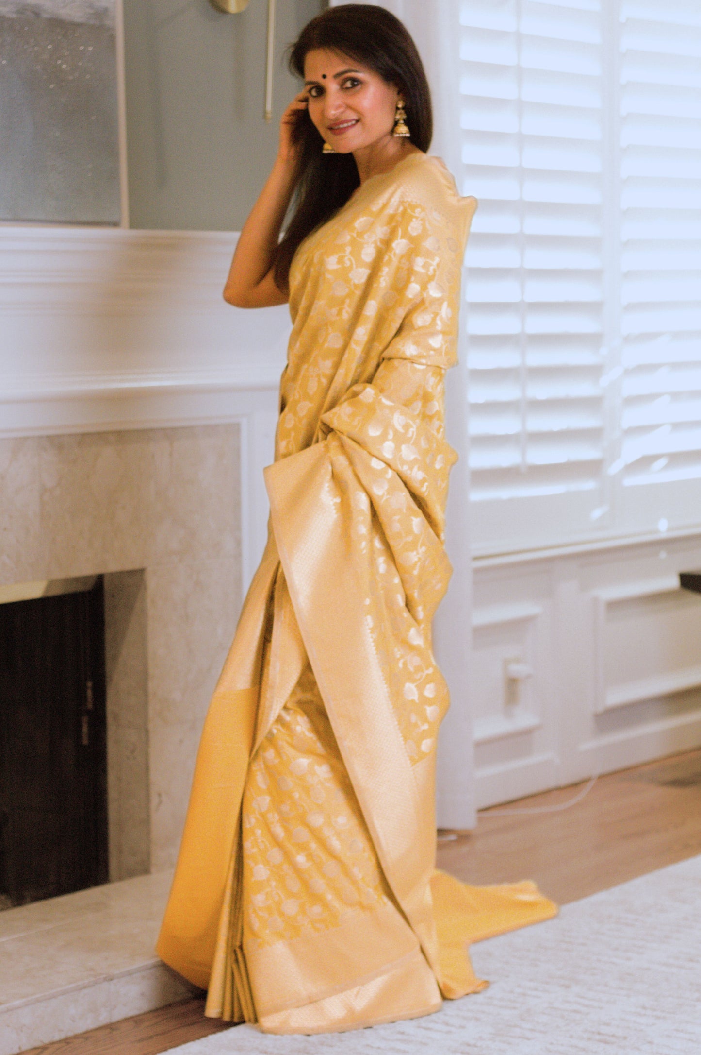 Buttery Lemon Pure Katan Silk Saree with Jangla Pattern And Kadhiyal border.