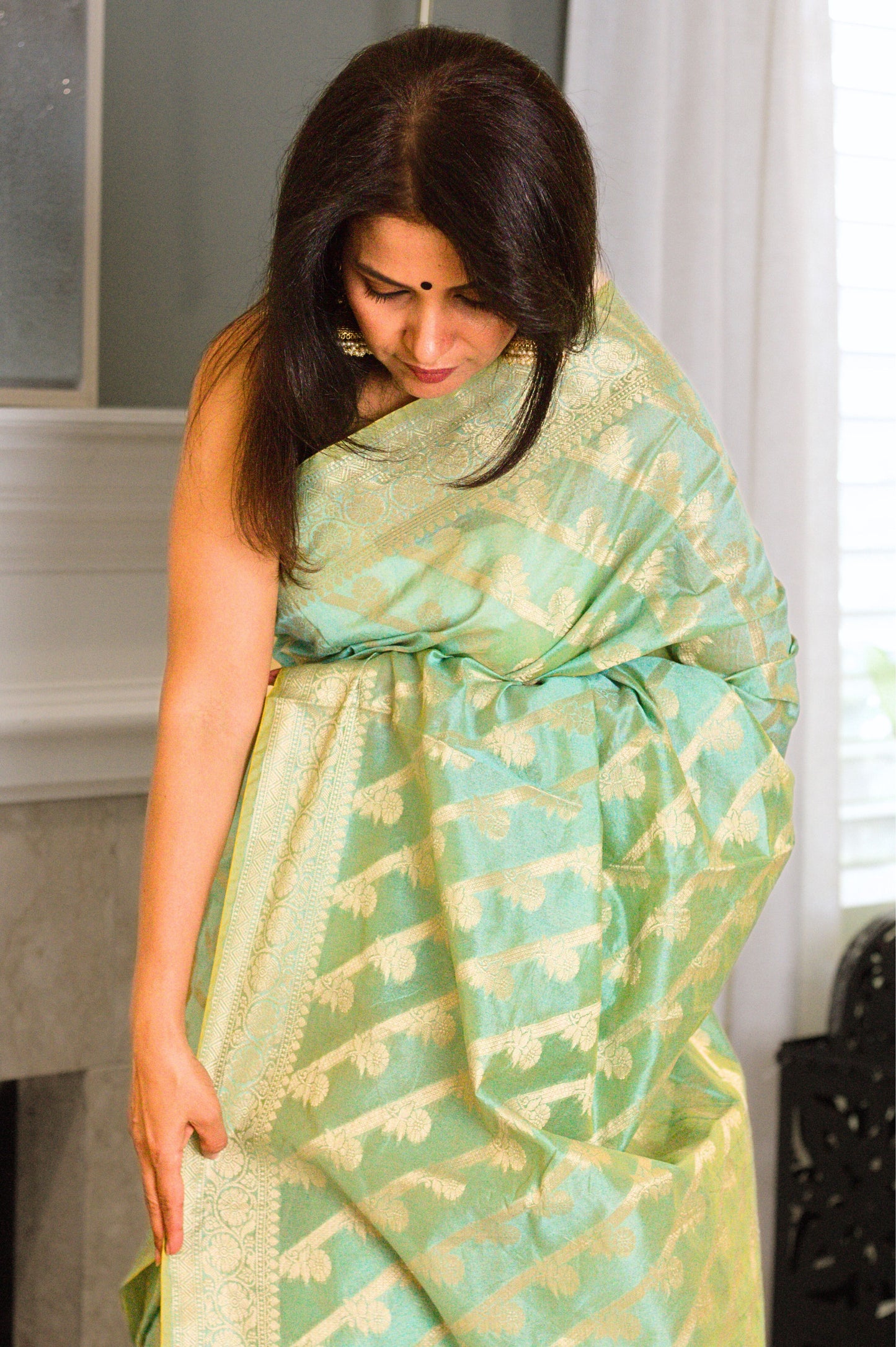 Luminous Green Banarasi Handloom Tissue Saree with Gold Zari Stripes