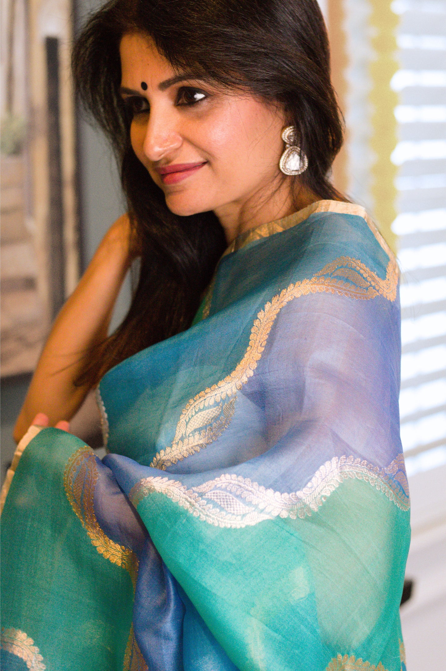 Pure Banarasi Kora Silk Rangkat Saree with Gold and Silver Zari.