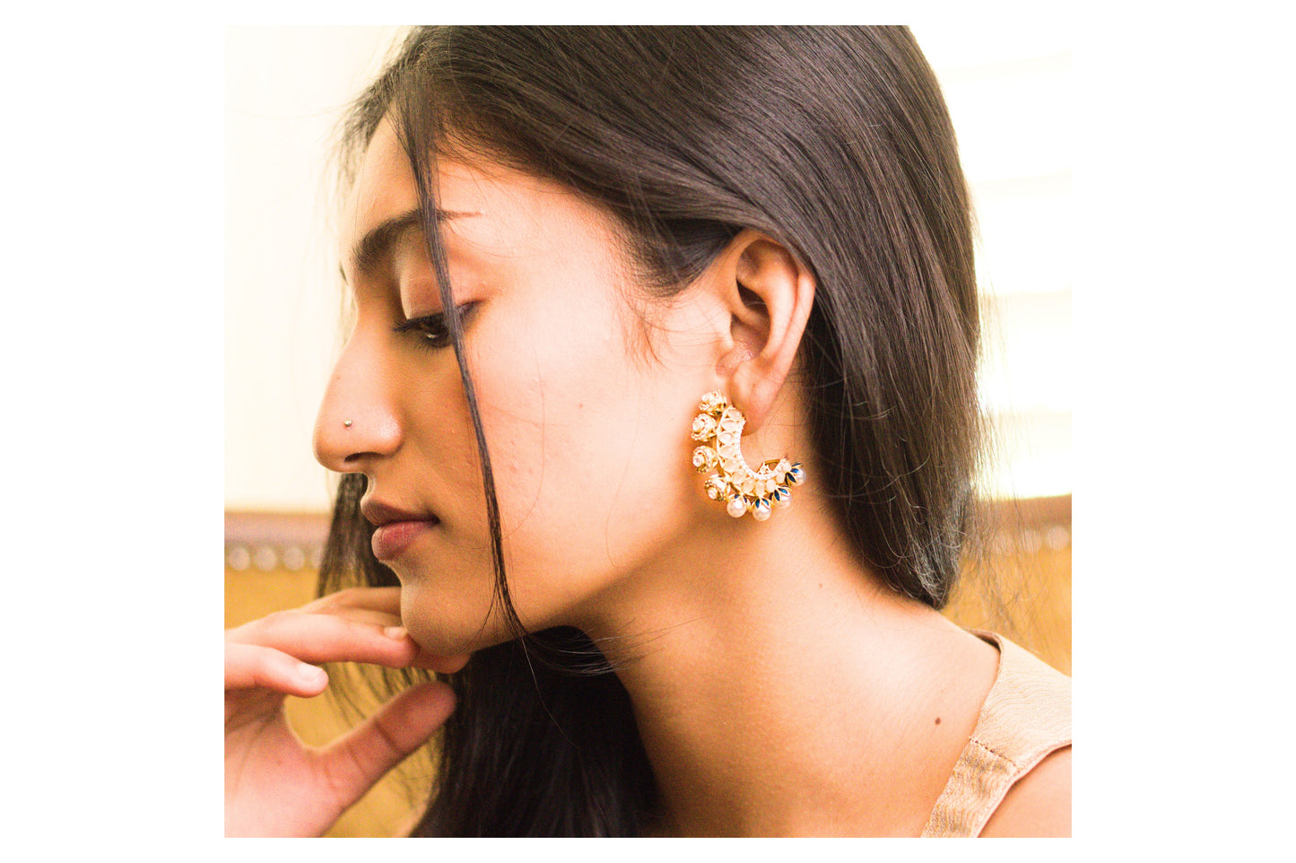 Teal Meena Pearl and Stone Half Hoop Earrings