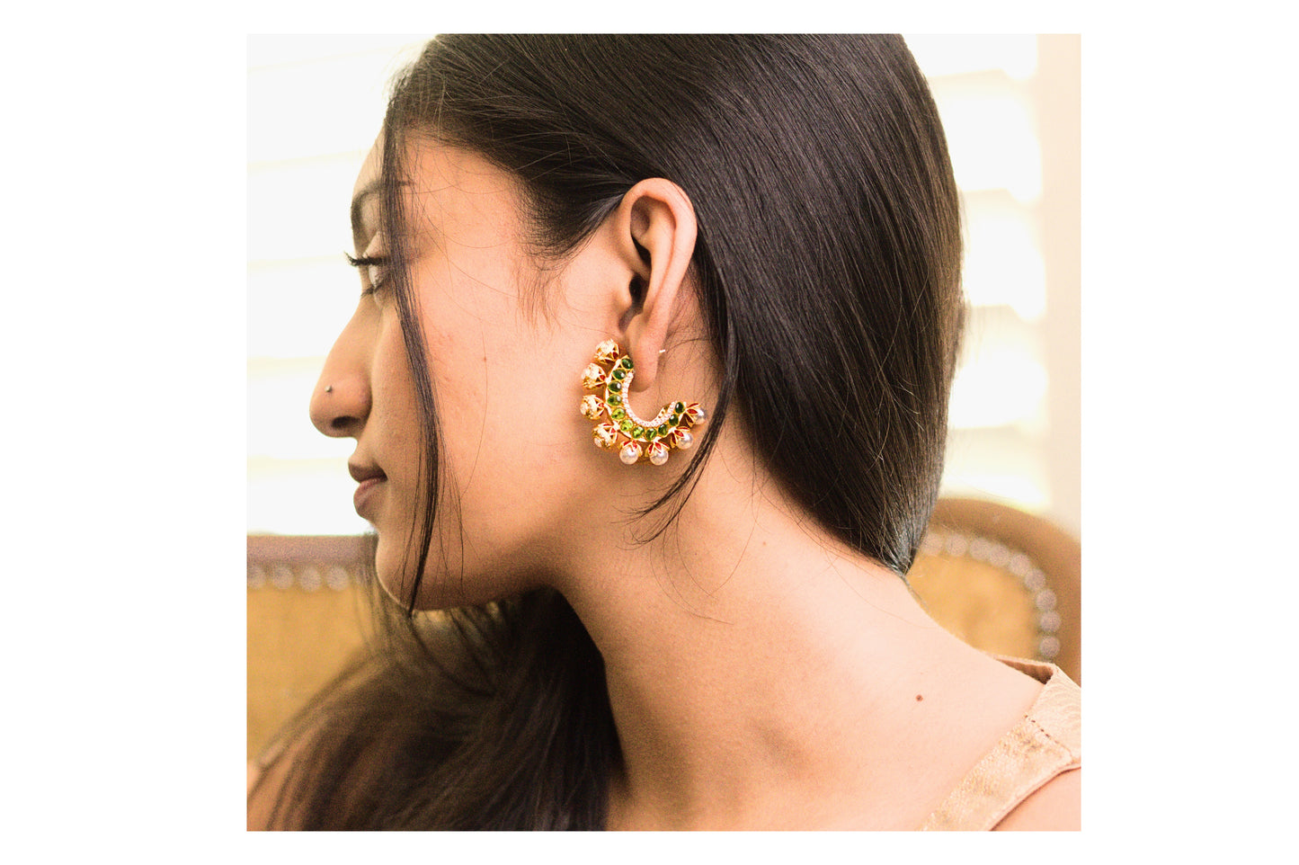 Red and Green Meena Stone and Pearl Half Hoop Earrings