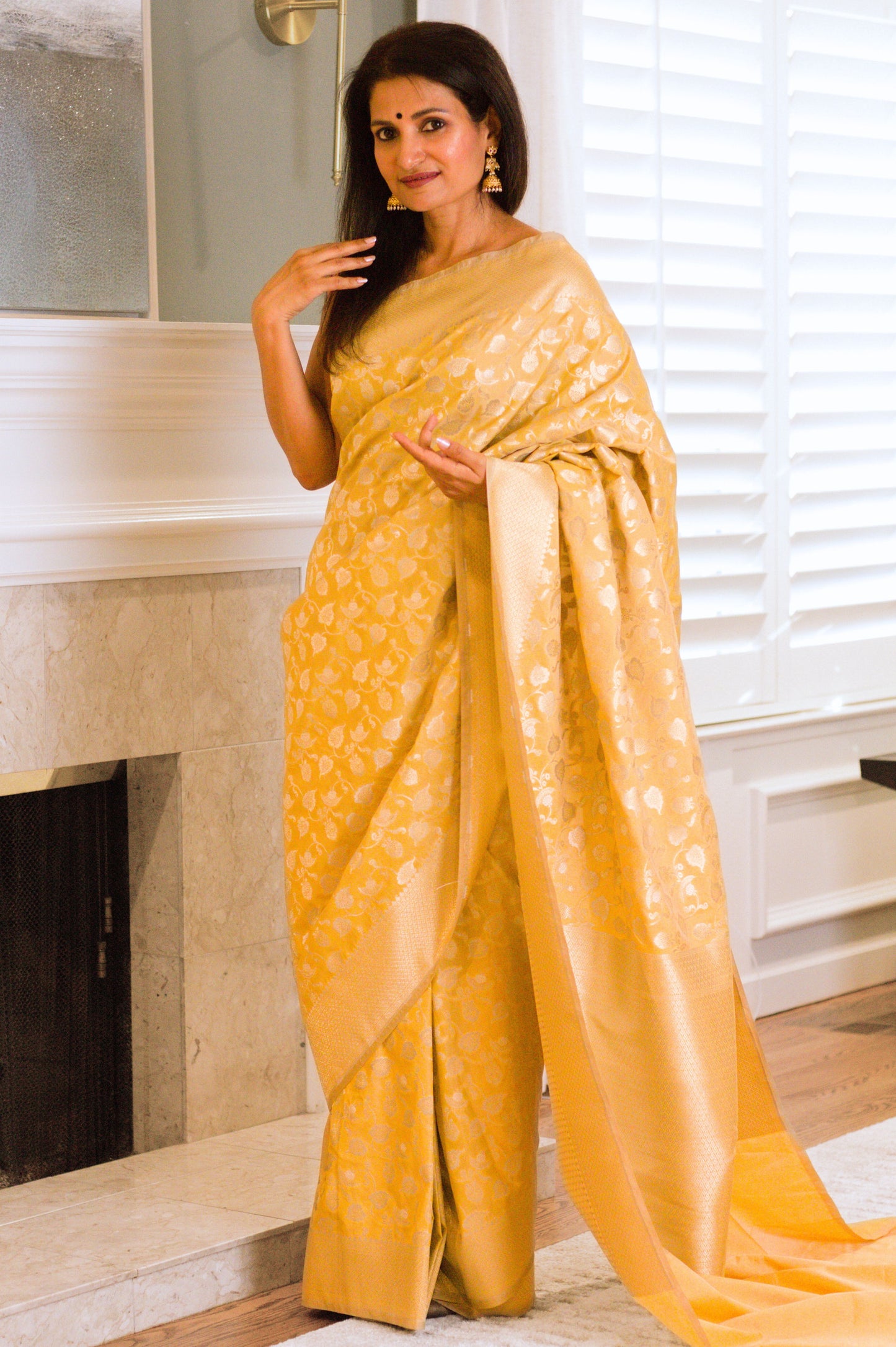 Buttery Lemon Pure Katan Silk Saree with Jangla Pattern And Kadhiyal border.