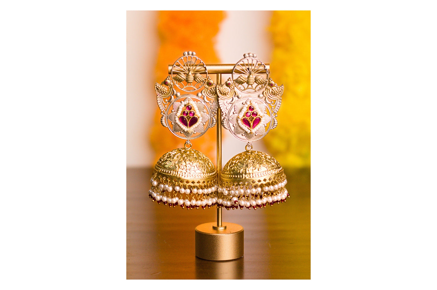 Rani Sunburst Mor Thappa Jhumkas