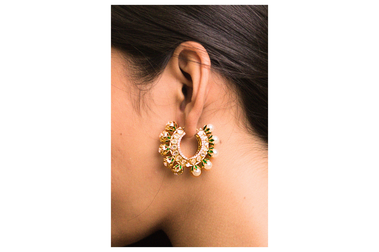 Reversible Green Meena Pearl and Stone Hoop Earrings