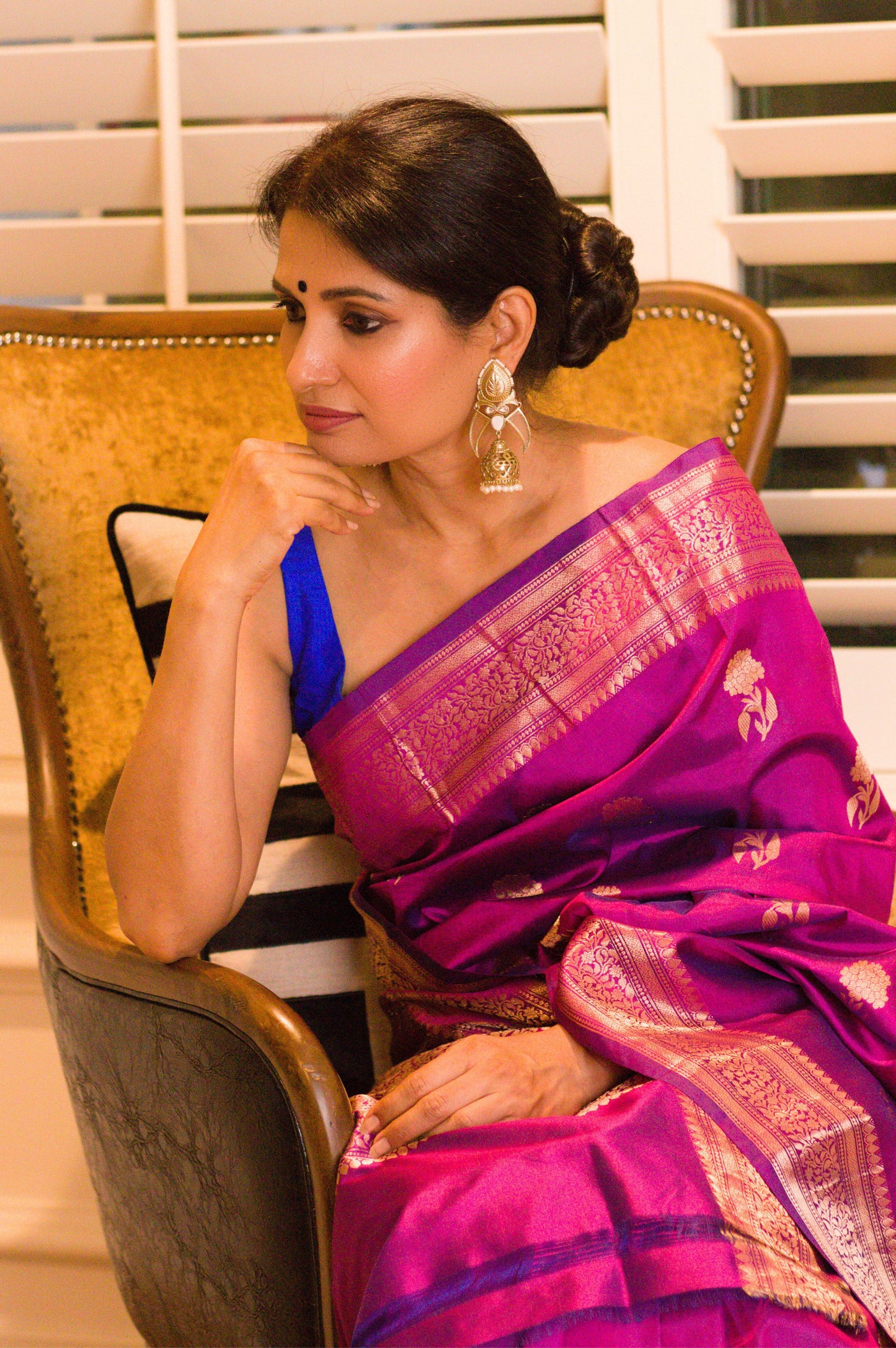 Hydrangea Motif  Pure Katan Magenta Banarasi Saree
