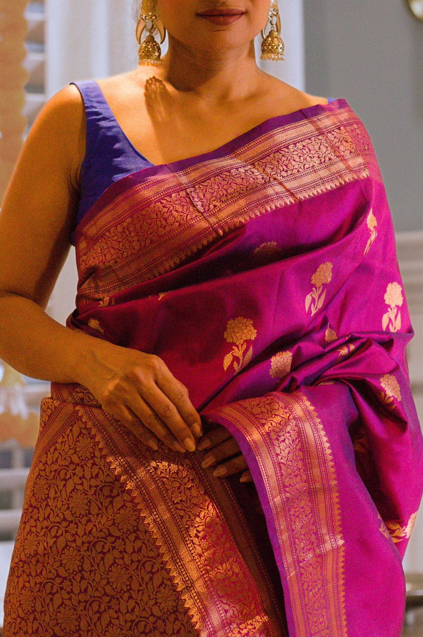 Hydrangea Motif  Pure Katan Magenta Banarasi Saree