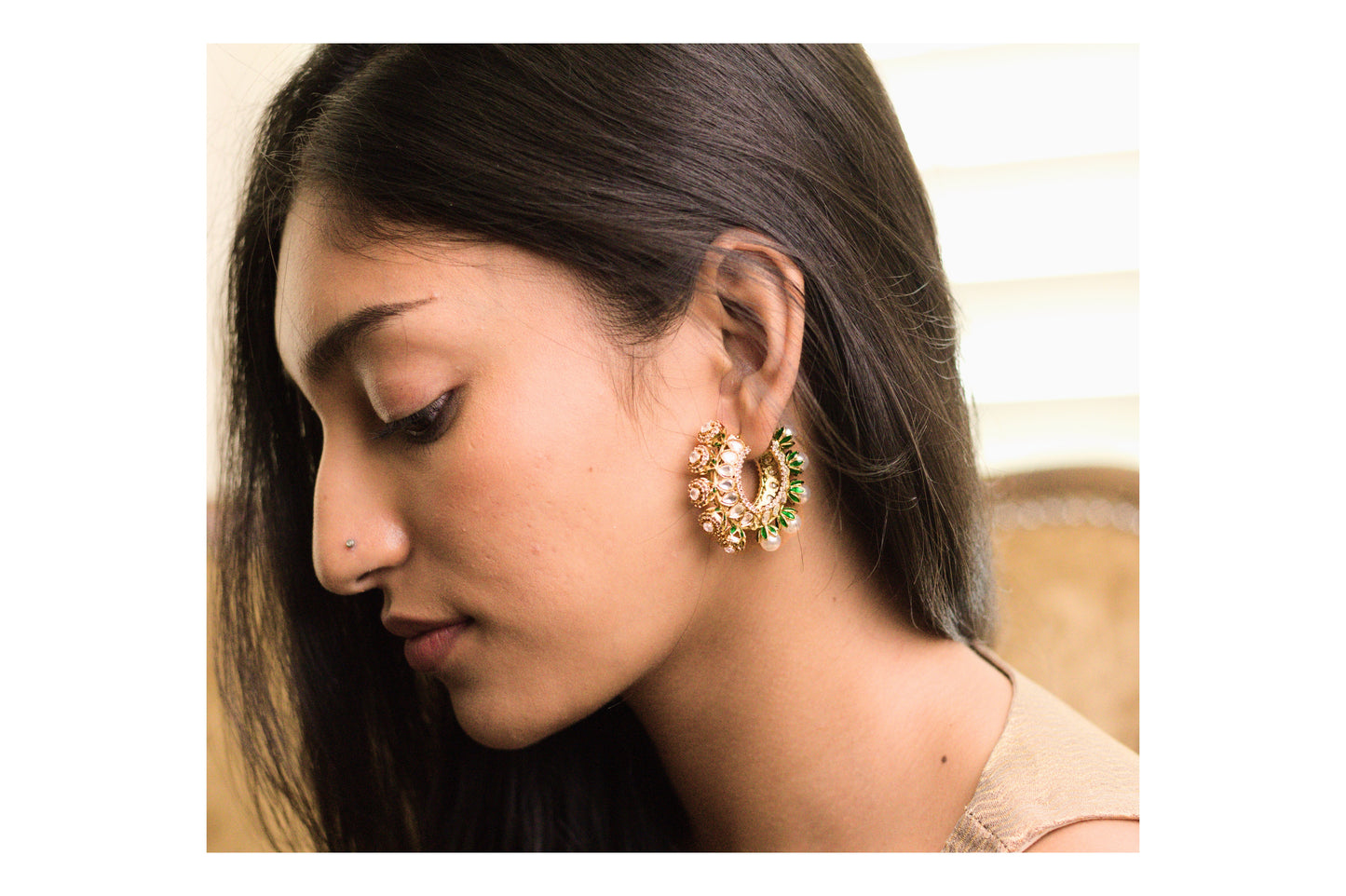 Reversible Green Meena Pearl and Stone Hoop Earrings