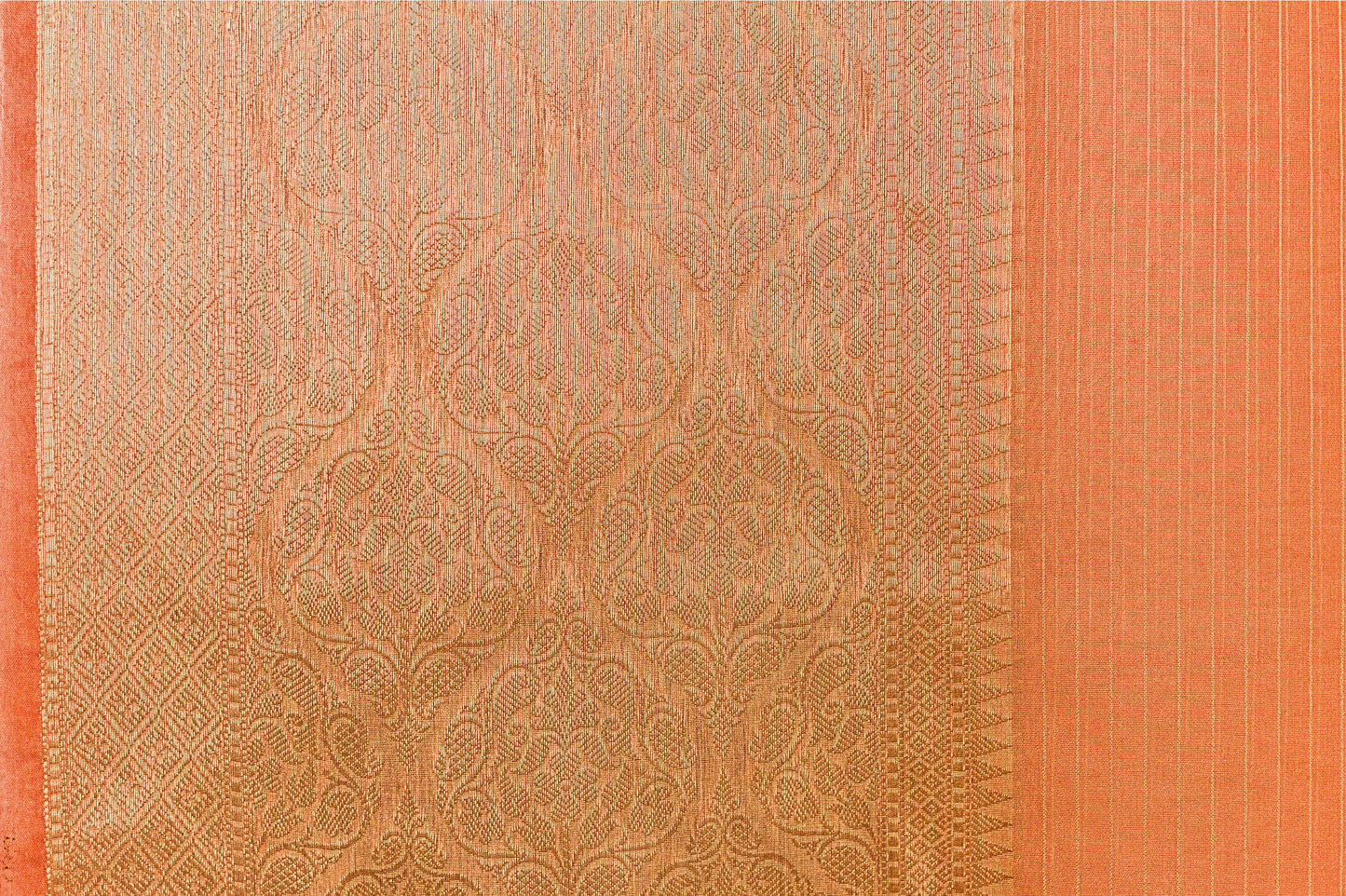 Rust Pink Pure Banarasi Organza Saree With Woven Gold Pin Stripes and a Wide Jari border.