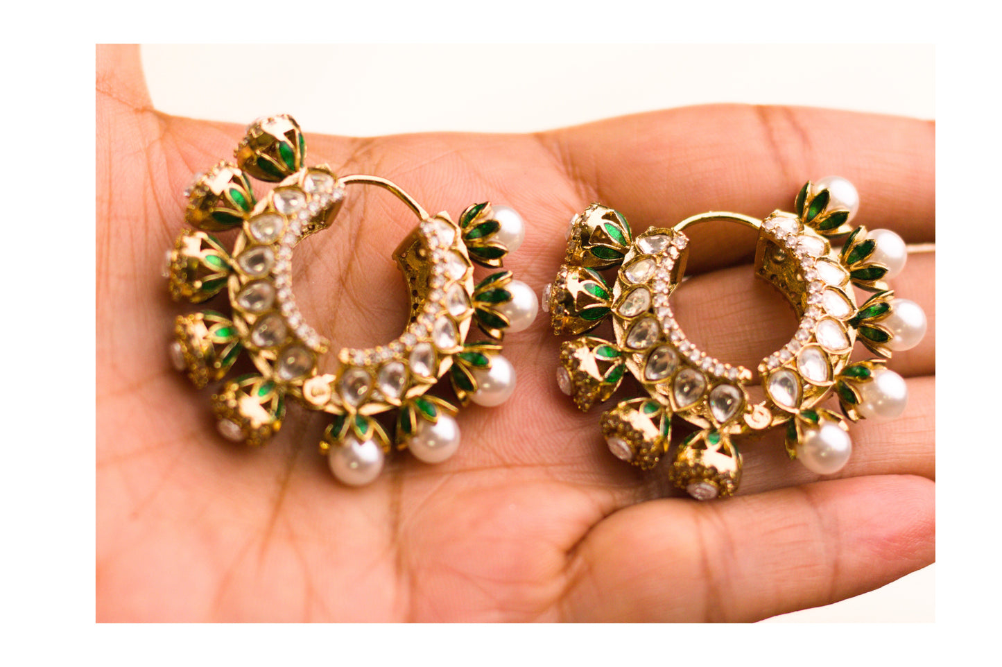 Reversible Green Meena Pearl and Stone Hoop Earrings