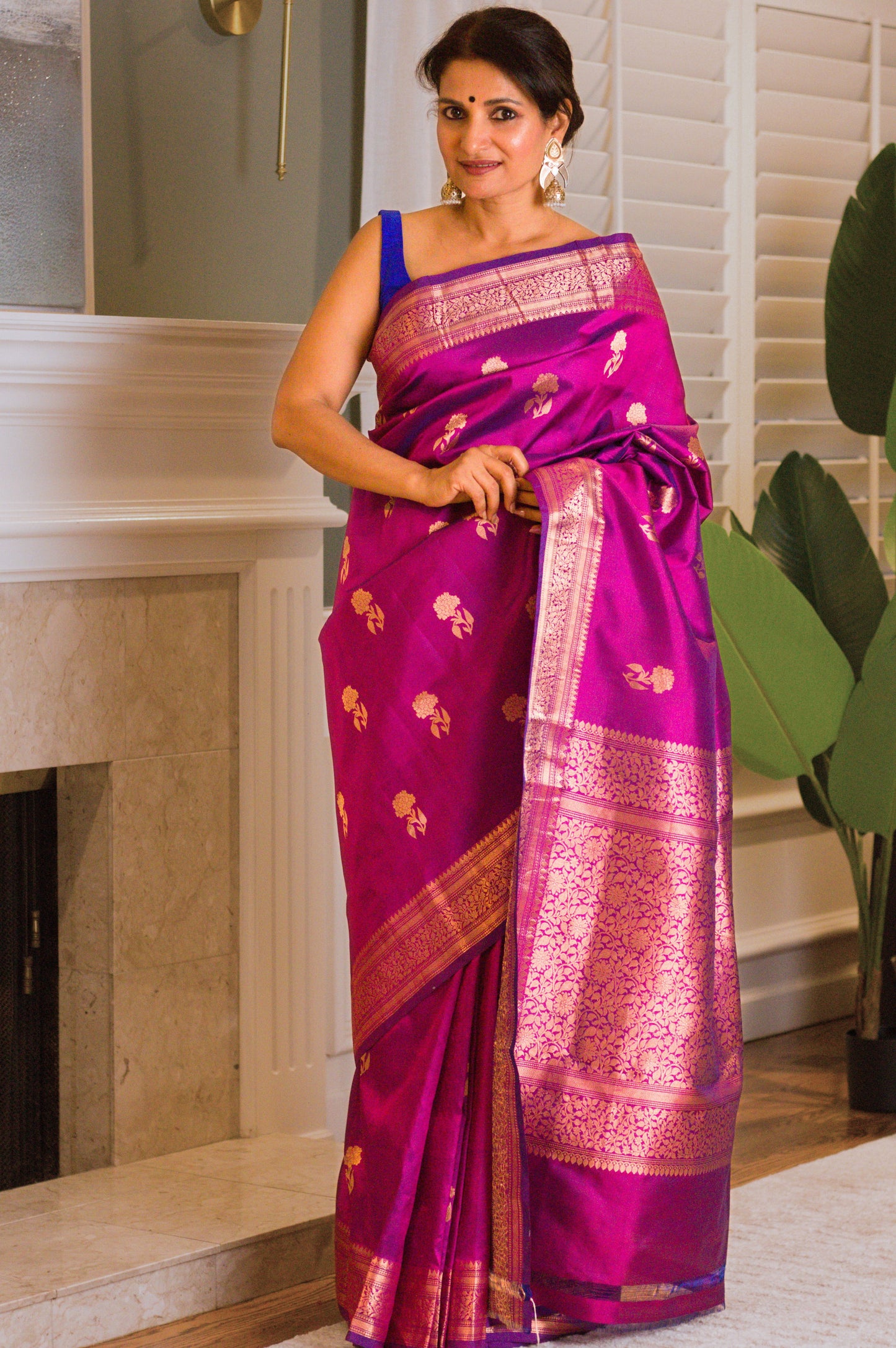 Hydrangea Motif  Pure Katan Magenta Banarasi Saree
