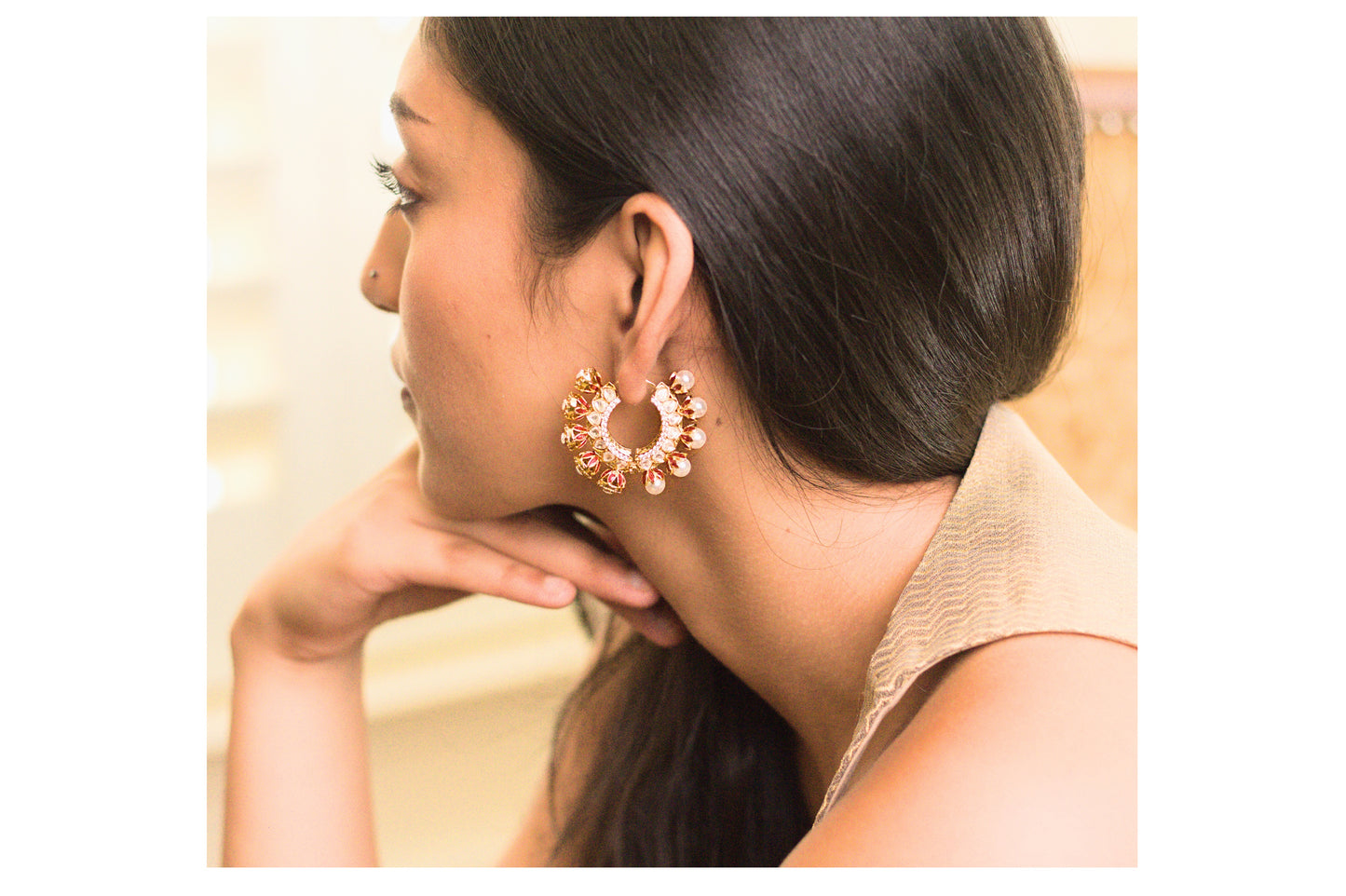 Reversible Red Meena Pearl and Stone Hoop Earrings