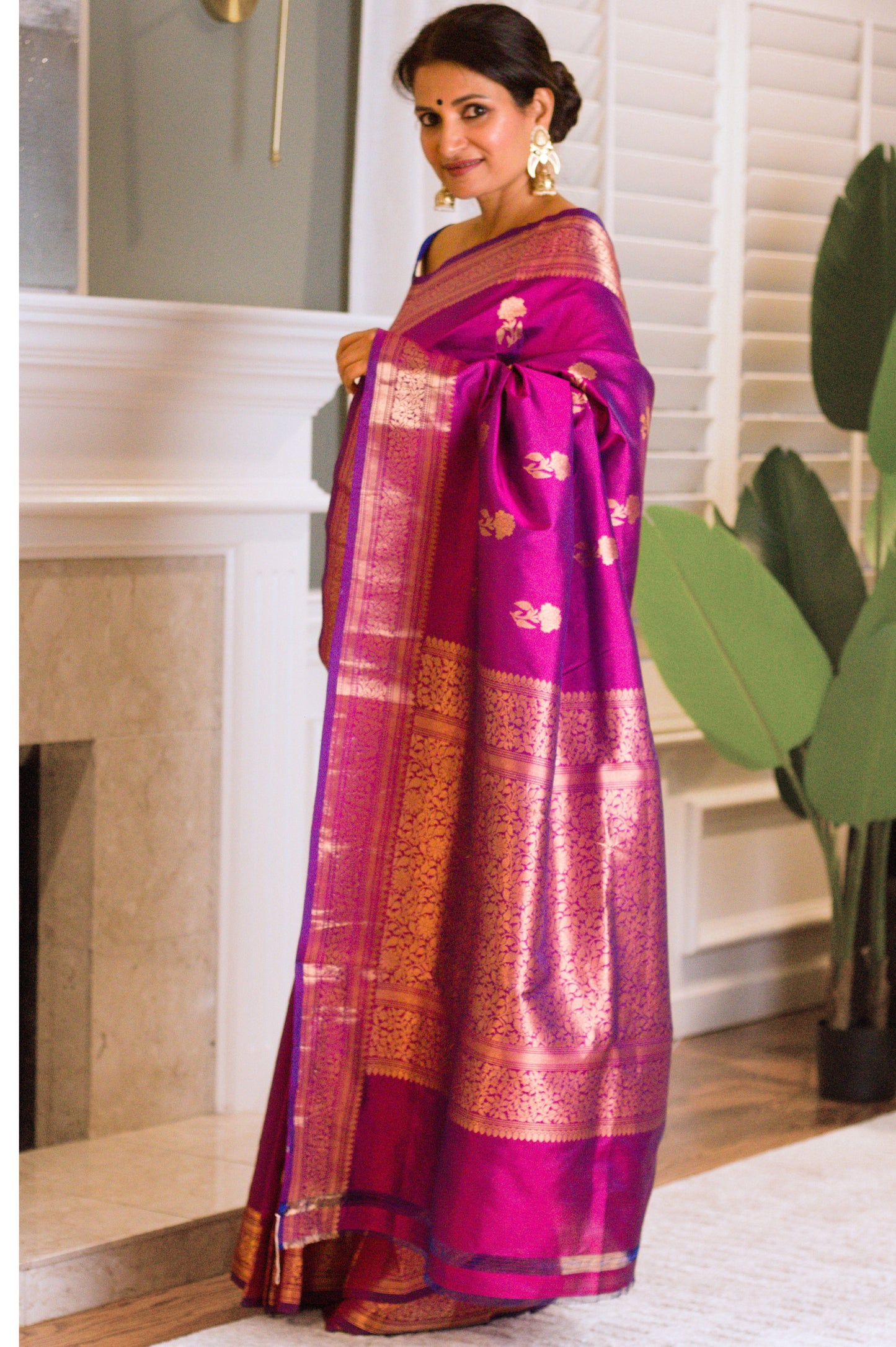 Hydrangea Motif  Pure Katan Magenta Banarasi Saree