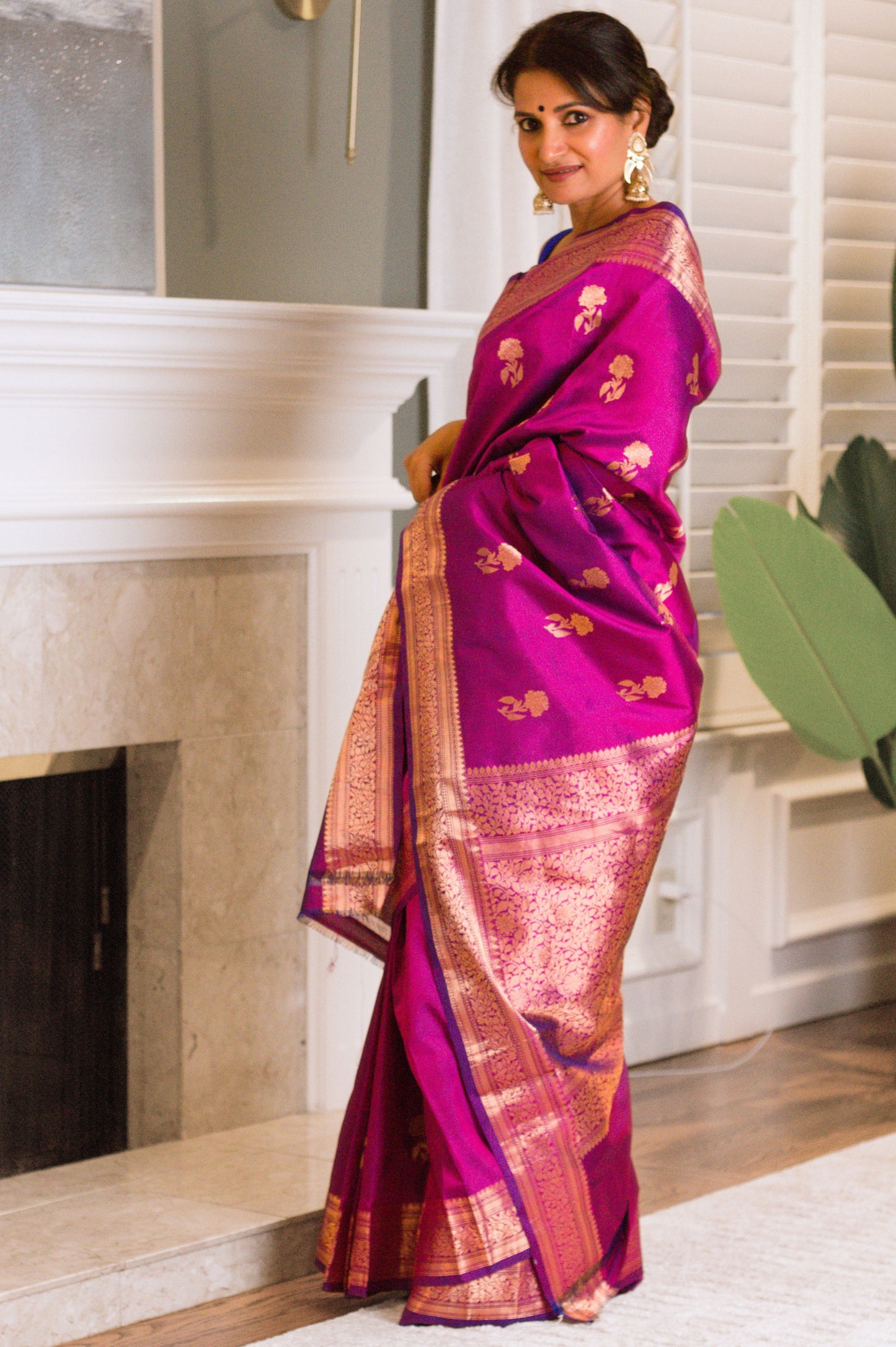 Hydrangea Motif  Pure Katan Magenta Banarasi Saree