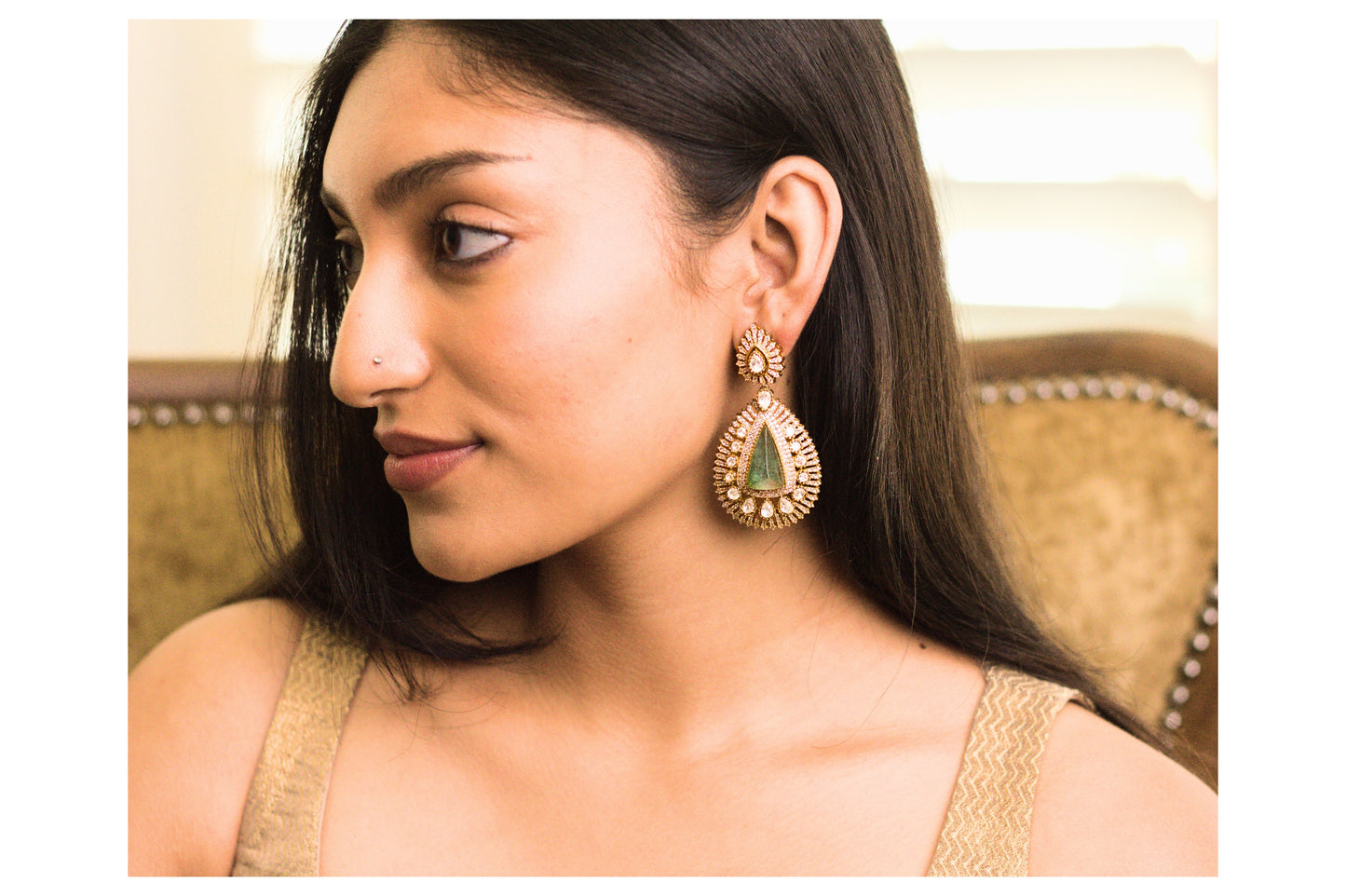 Stone Studded Green Moissanite Statement Earrings