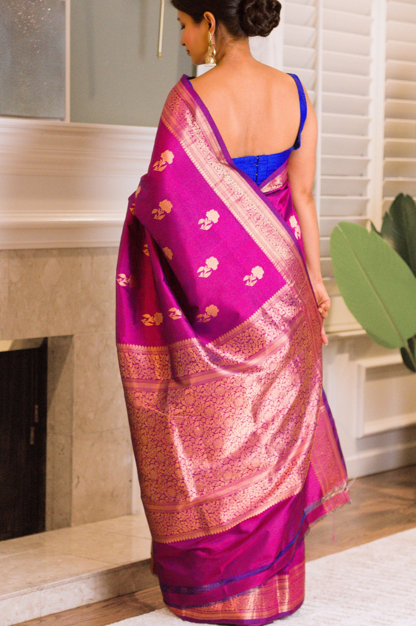 Hydrangea Motif  Pure Katan Magenta Banarasi Saree