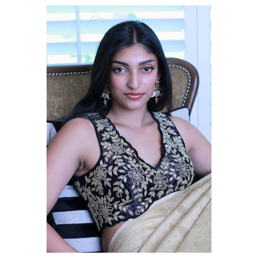 Black and Gold Hand‑Embroidered Scallop‑Edge Blouse