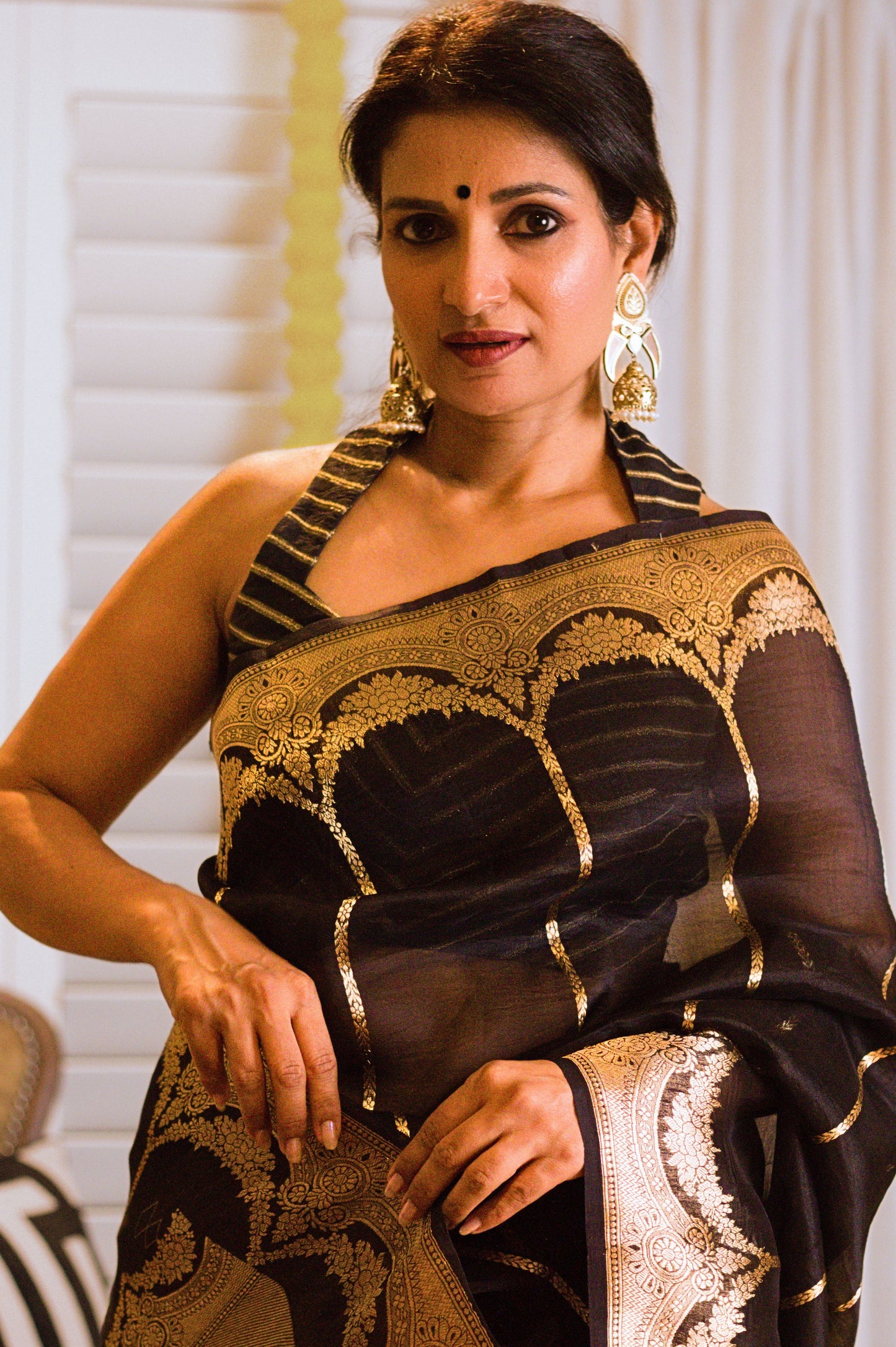 Black Kora Silk Banarasi Handloom Saree With Scallop Border and Stripes In Gold Zari.