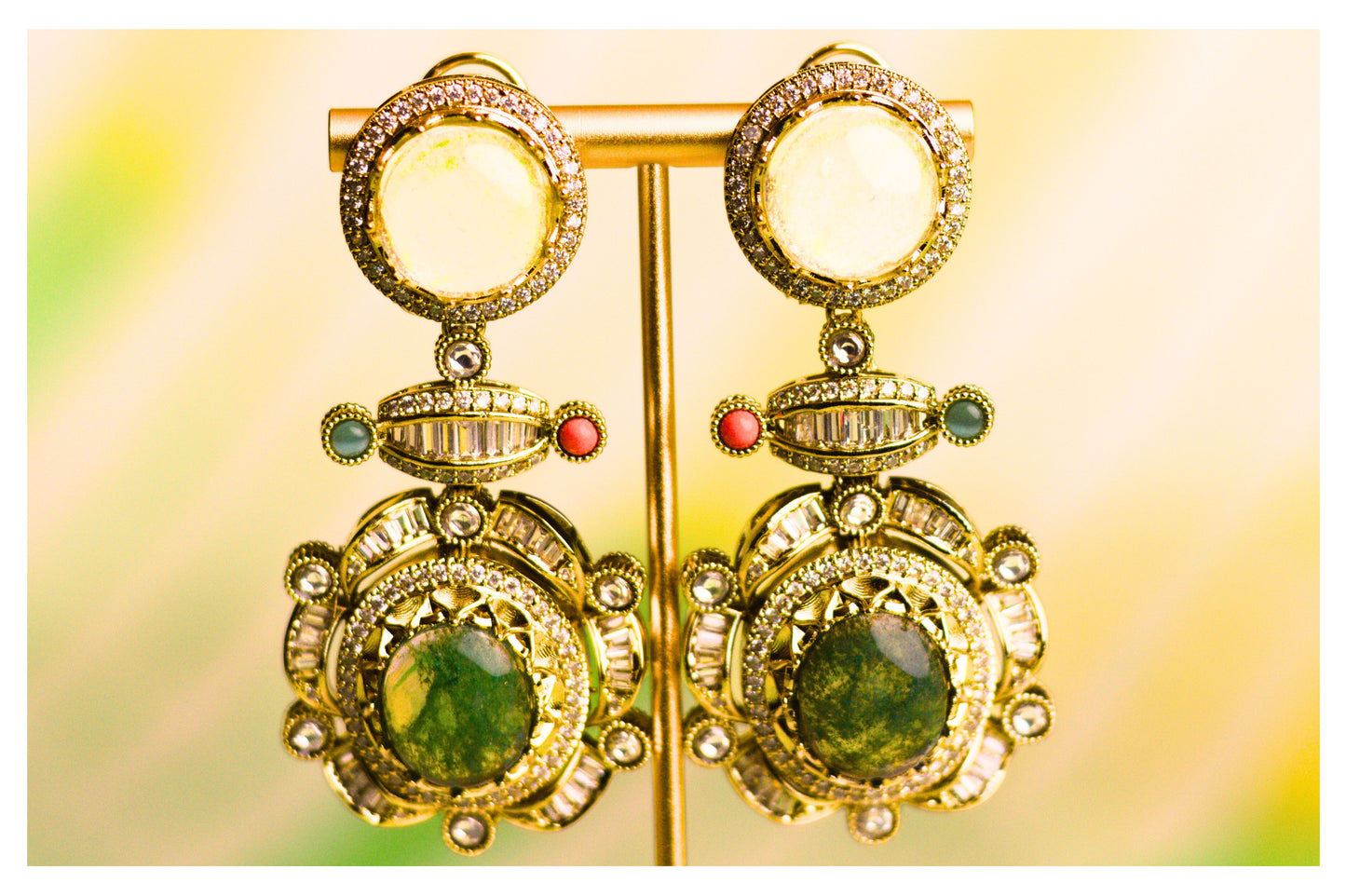 Deep Green Drop Stone Statement Earrings