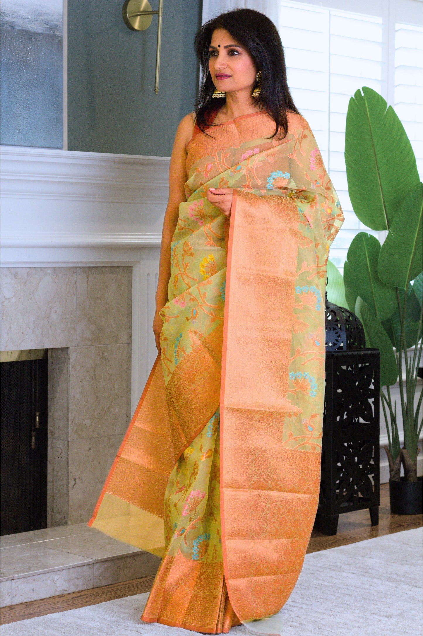 Green Banarasi Organza Meenakari Saree with Copper Zari Border and Pallu.