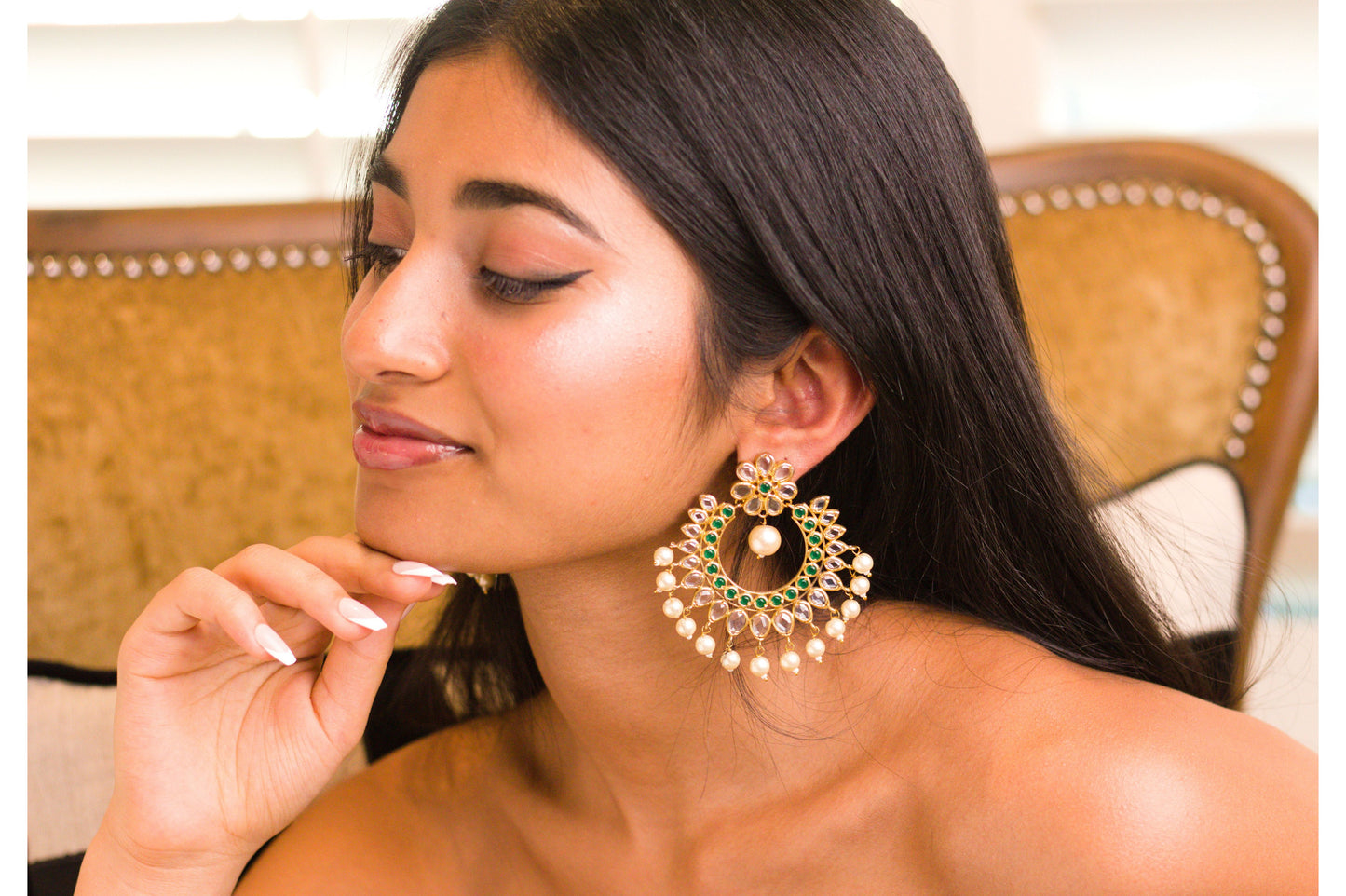 Green and Clear Stone Studded Chandbali Earrings with Pearl Drops.