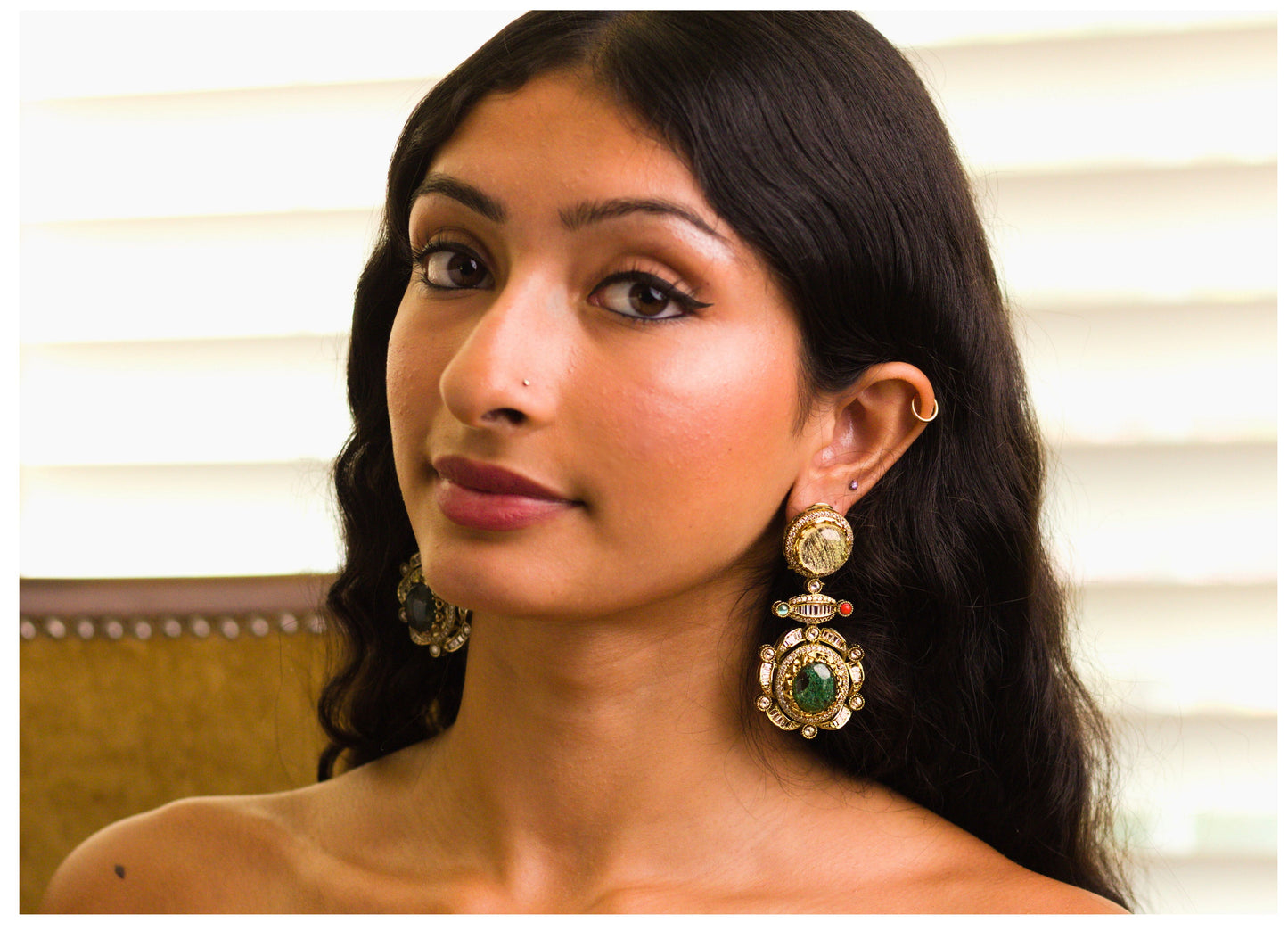 Deep Green Drop Stone Statement Earrings