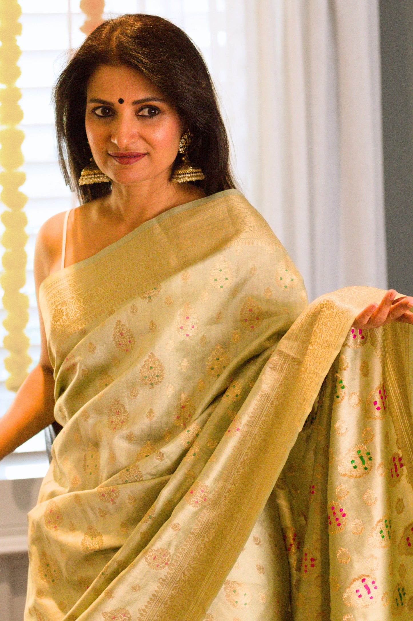 Pearlescent Sage Pure Chiniya Handloom Silk Saree with  Subtle Gold Butis